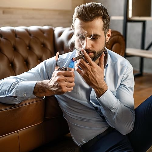 Miniatura 7 de XIFEI Encendedor de puros con 4 chorros con soporte para puros, encendedor de brazo basculante a prueba de viento, llama ajustable, encendedor de