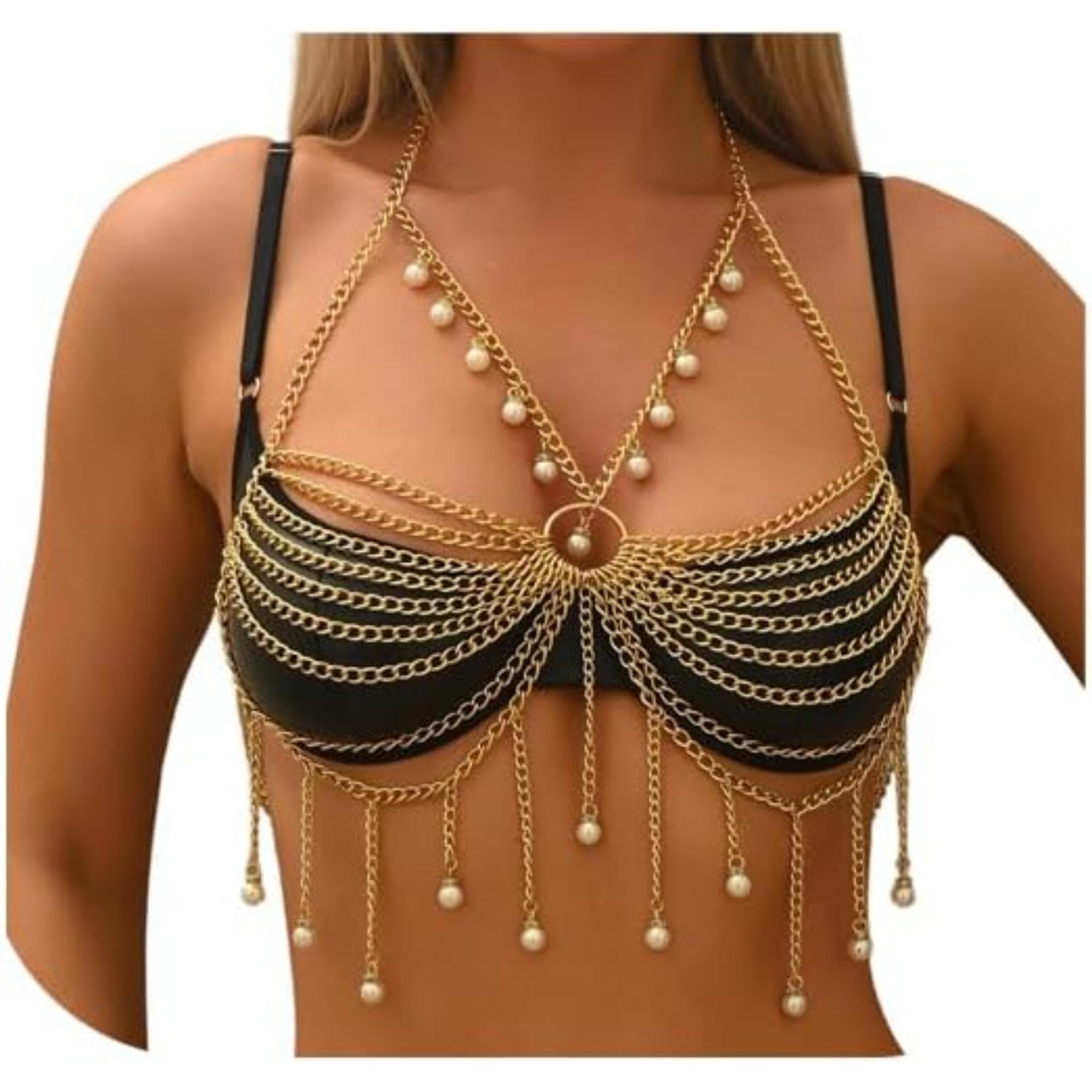 Gold Tone Multi Layer Body Chain Bra for Women Pearl Bead Chest Chain with Tassel Dangle Design Decorative Jewelry for Beach Festival Concert Party Costume Cosplay Lingerie Styling-image-15
