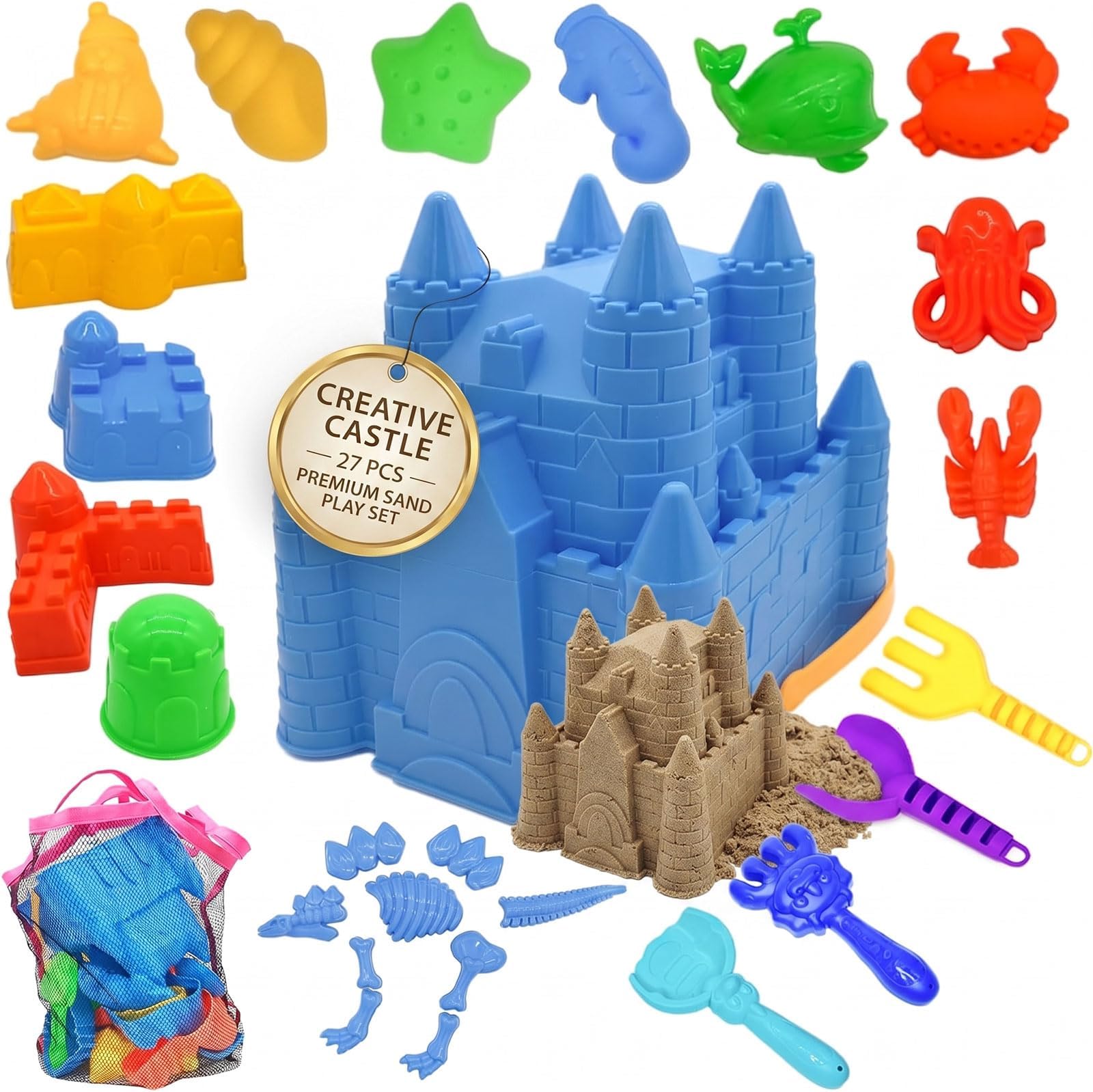 SupMLC Beach Toys Sand Toys for Kids, 27 PCS Sand Castle Building Kit with Ca...