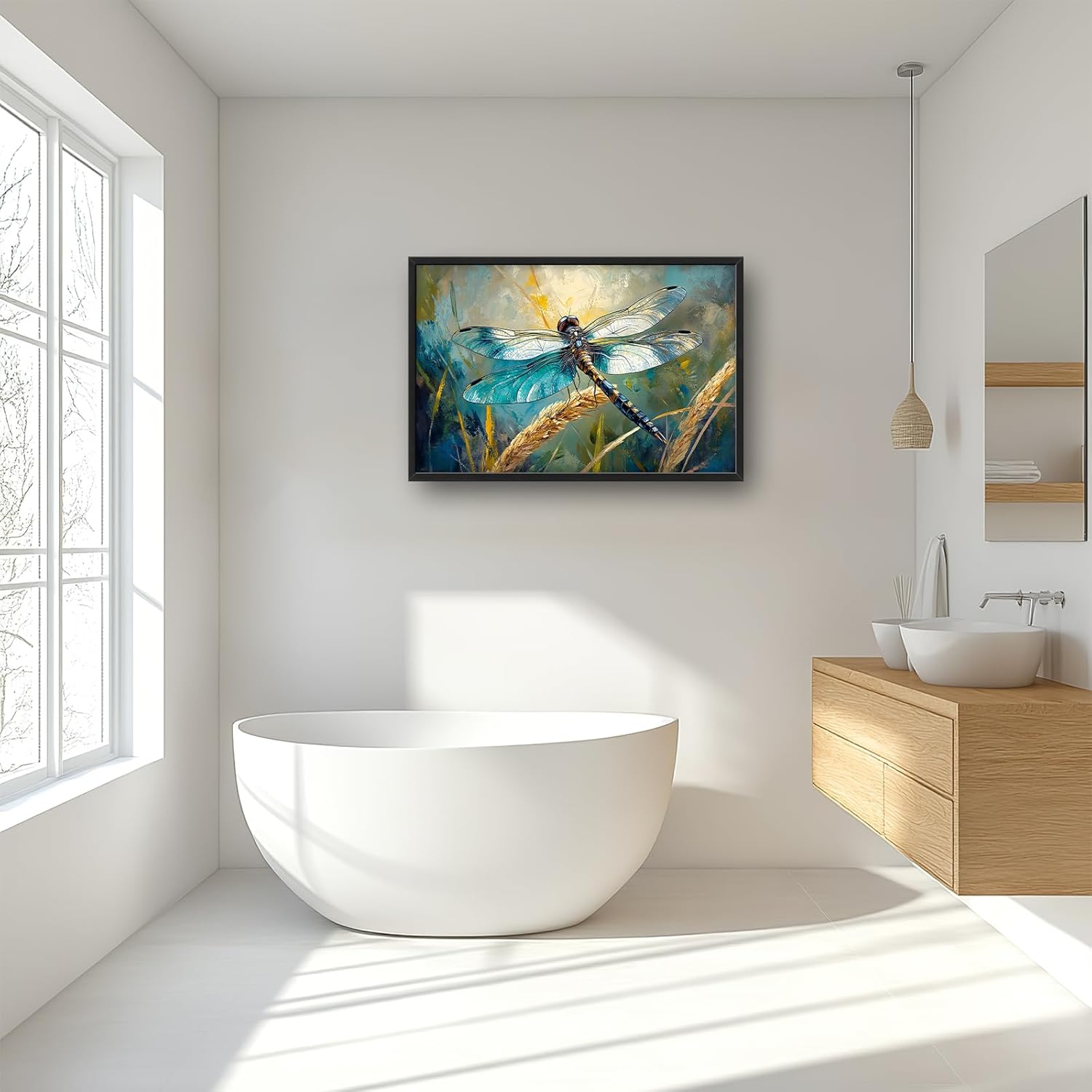 Olivine Dragonfly Wall Art, Vintage Dragonfly Pictures Wall Decor, Nature Painting, Insect Canvas Prints, Framed Artwork for Bathroom Bedroom Living Room Office Home Decoration 36"x24"