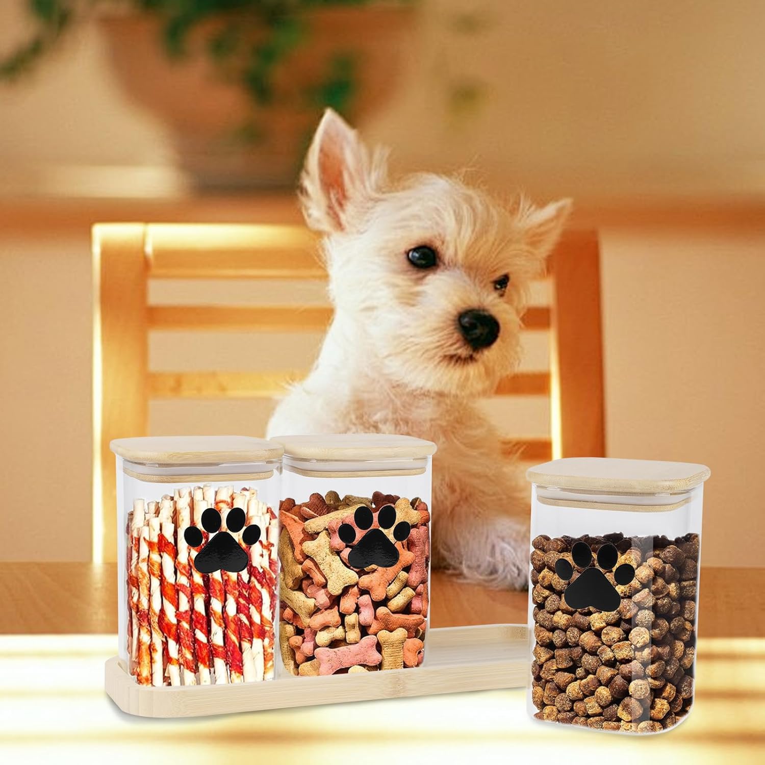 Morezi Dog Treat Container airtight Treats jar for countertop Closet Dog Food Storage 3 Jars with Tray Great for organizing pet Dogs Cats Birds Animal Food Treats Snack