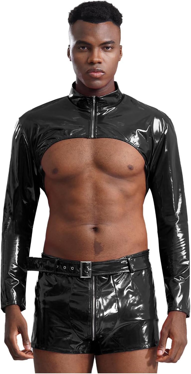 Men's Glossy Patent Leather Suit Long Sleeve Zipper Crop Top Zipper Crotch Boxer Shorts