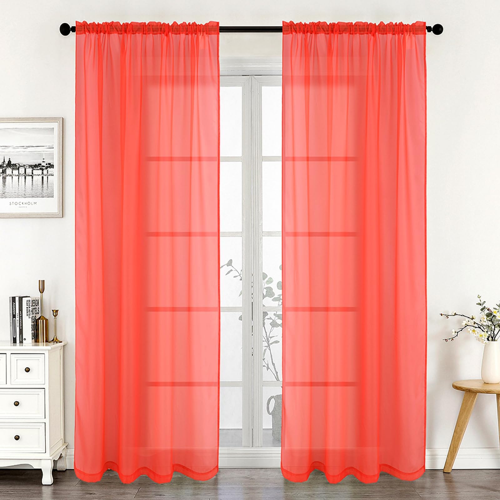 Tony's collection Coral Sheer Curtains 63 Inch, Textured Voile Sheer Curtain Drapes for Bedroom Set of 2 Panels Rod Pocket Top for Small Window(34x63 Inch, Coral,2 Panels)