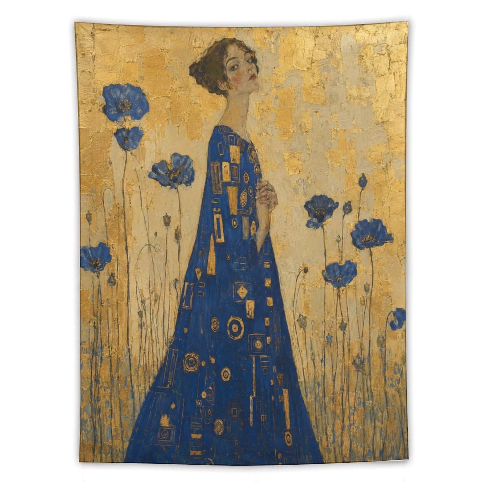 W7C8U2X3 Woman in Blue Floral Dress Wall Tapestry, Art Nouveau, Living Room