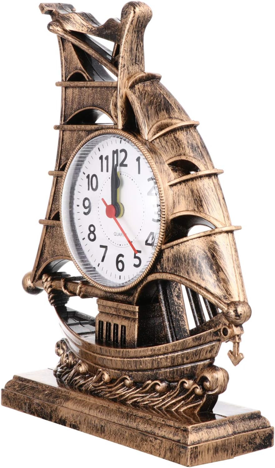 Retro Sailboat Alarm Clock Nautical Boat Figurine Time Clock Lucky Fengshui Table Desk Bedside Desktop Decoration Without Battery for Men Women Golden