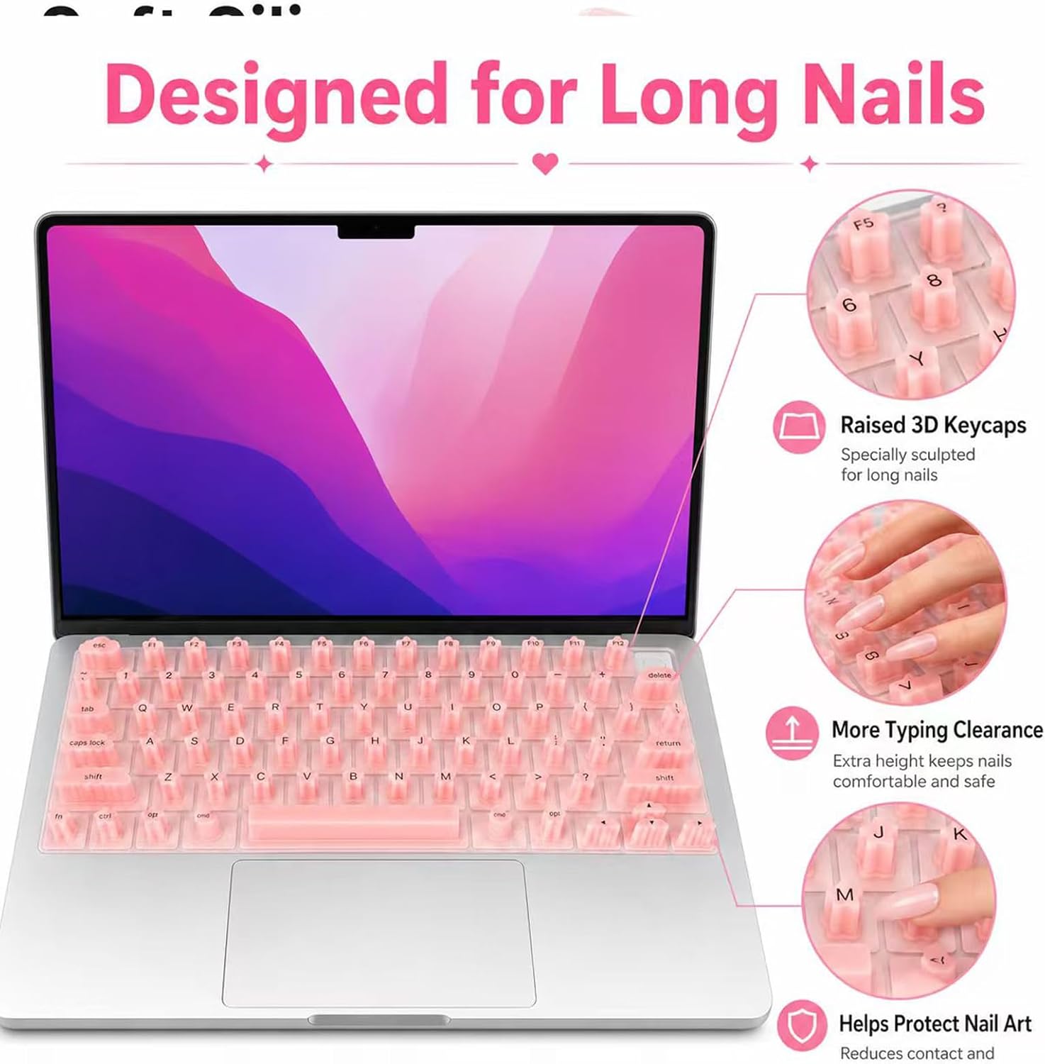 Pink Silicone Keyboard Cover for Long Nails, Raised Keys for Acrylic Nails - Thin Laptop Keyboard Cover Skin, Dustproof & Washable, Compatible with MacBook Neo/Air/Pro 13" 14" 16" (2020-2026)