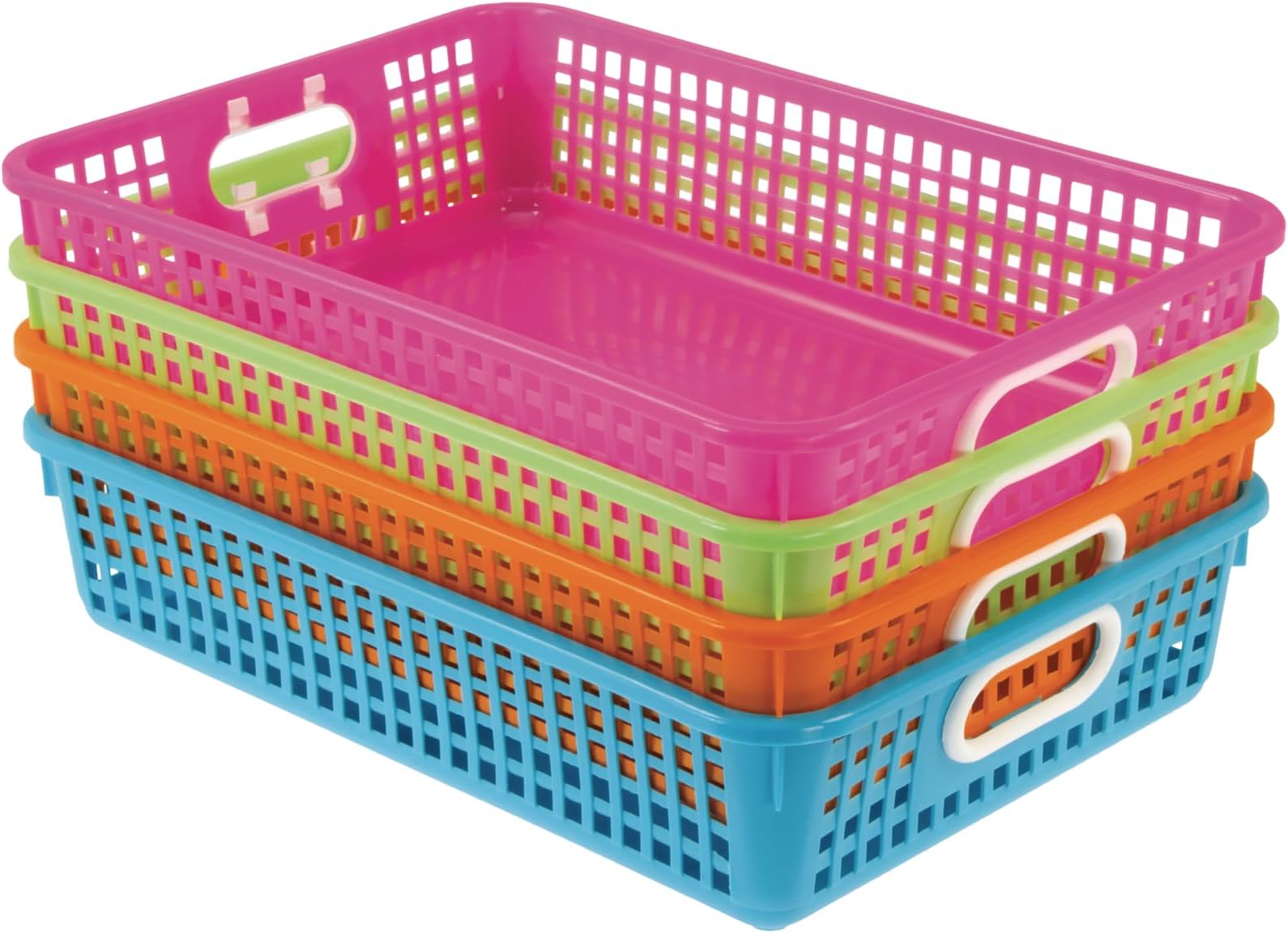 Multi-Purpose Small Desktop Paper Storage Baskets, 14" x 10" x 3.25", Set of 4, Neon Group Colors, Classroom Organization, Stackable Mesh Plastic Baskets with Grip Handles