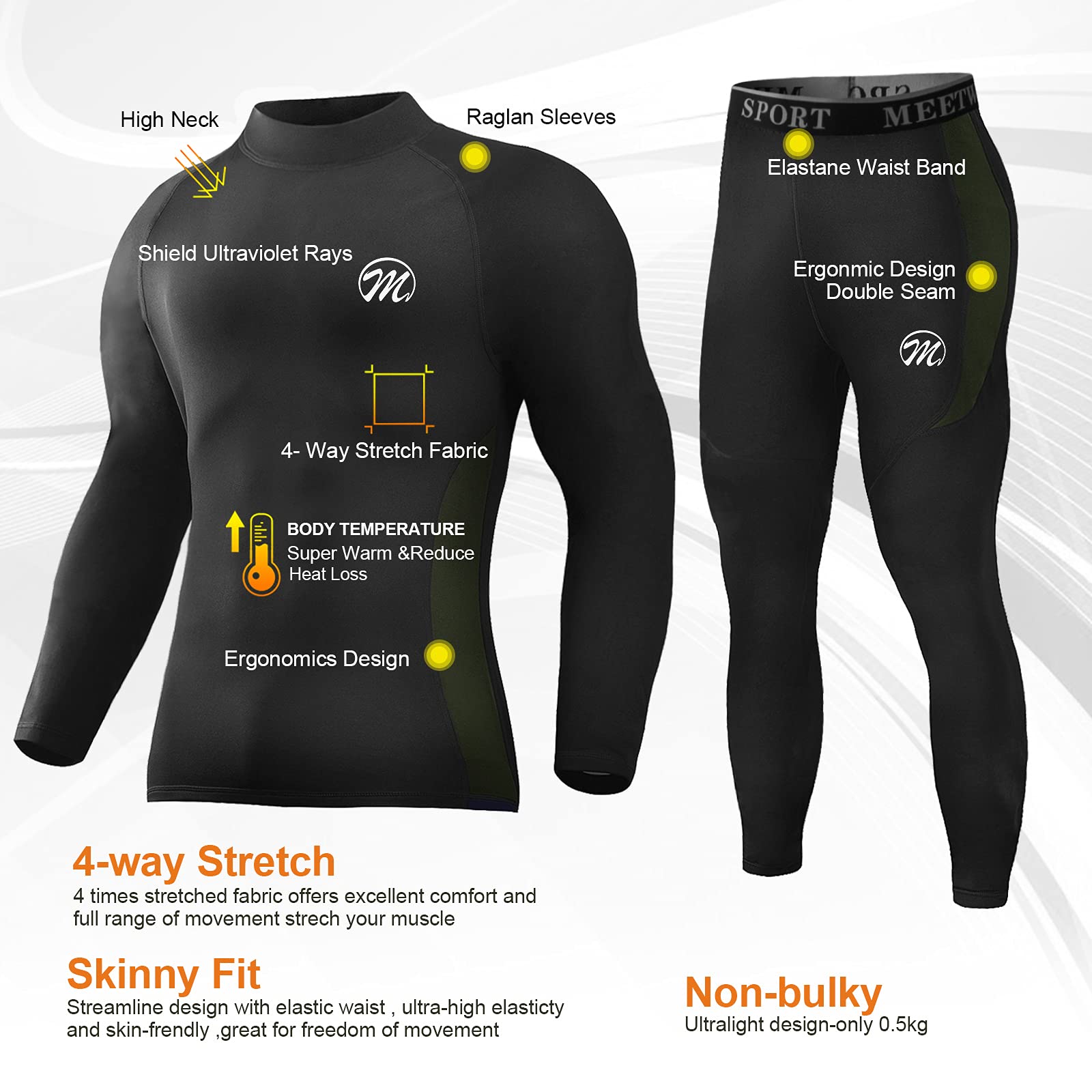 MEETWEE Homme Ensemble de sous-Vêtement, Sport Base Layer Maillot Manches Longues + Pantalon Quick Dry Sou Vetement pour L'entraînement Ski Running Randonnée