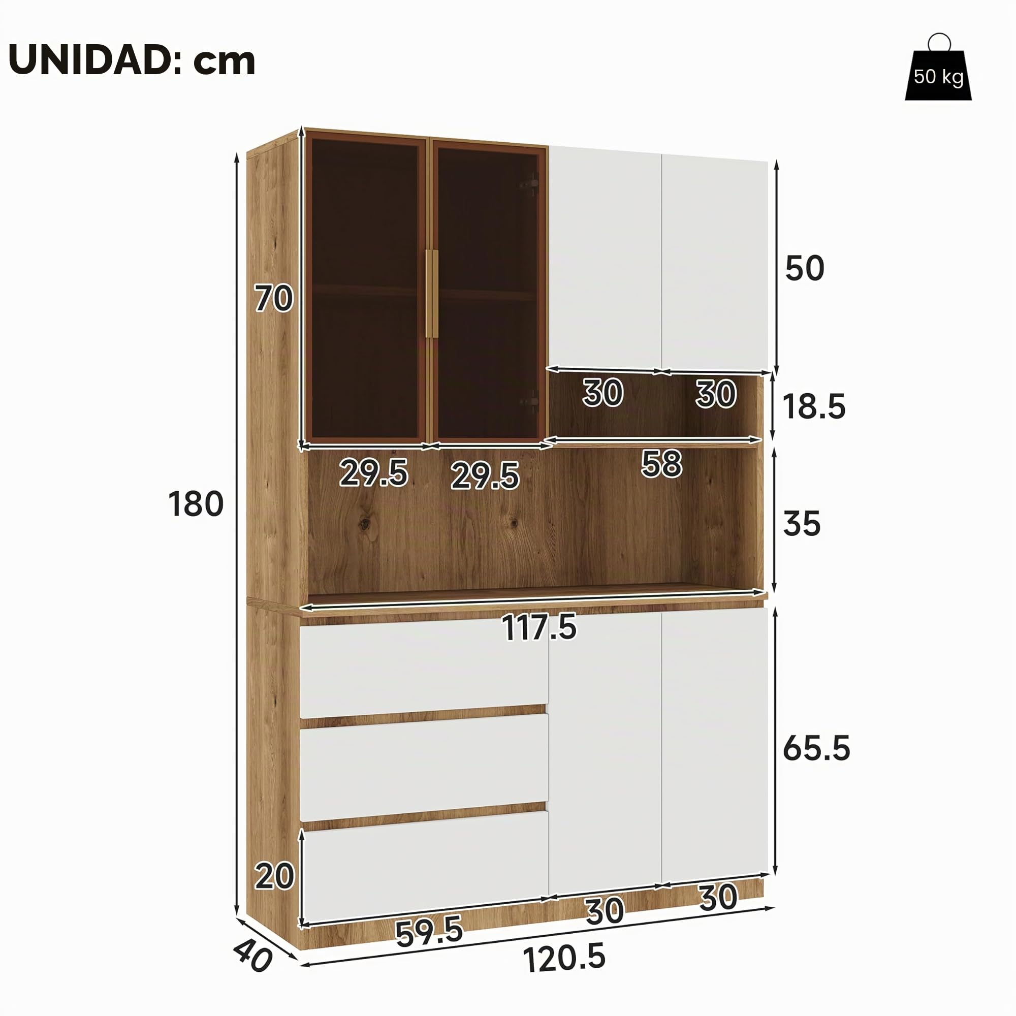 Armarios de cocina, armarios multifuncionales con 3 cajones, 6 puertas y estantes de almacenamiento para guardar vajilla, un microondas. Dimensiones: 120,5 x 40 x 180 cm (ancho x alto x alto