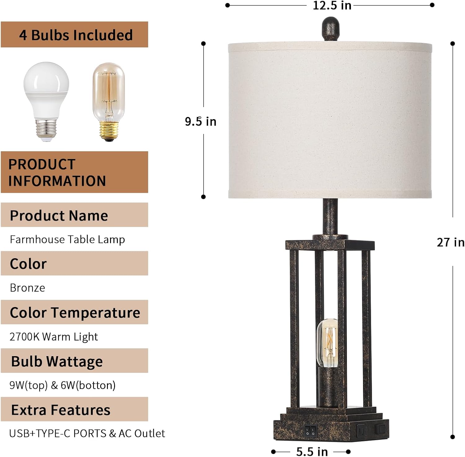 27" Tall Farmhouse Table Lamps with Night Light, Bronze Industrial End Table Lamp for Living Room, Rustic Bedside Lamps Set Of 2 with USB C+A Ports & AC Outlet, Vintage Bedroom Lamp for Nightstand