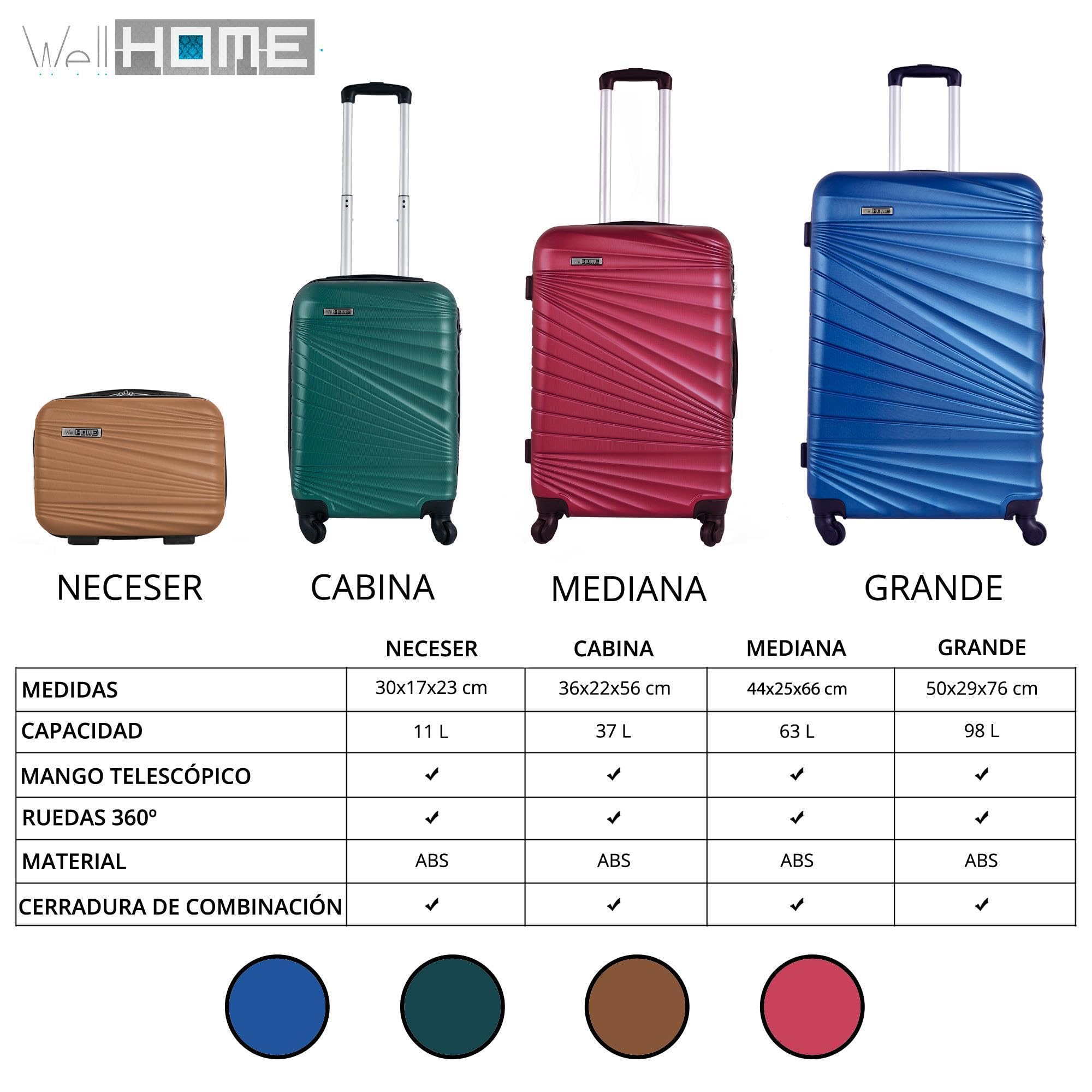 WELL HOME MOBILIARIO & DECORACIÓN Set di 3 valigie ABS rigide in argento nudo metallizzato, Argento Nudo, Set di valigie rigide