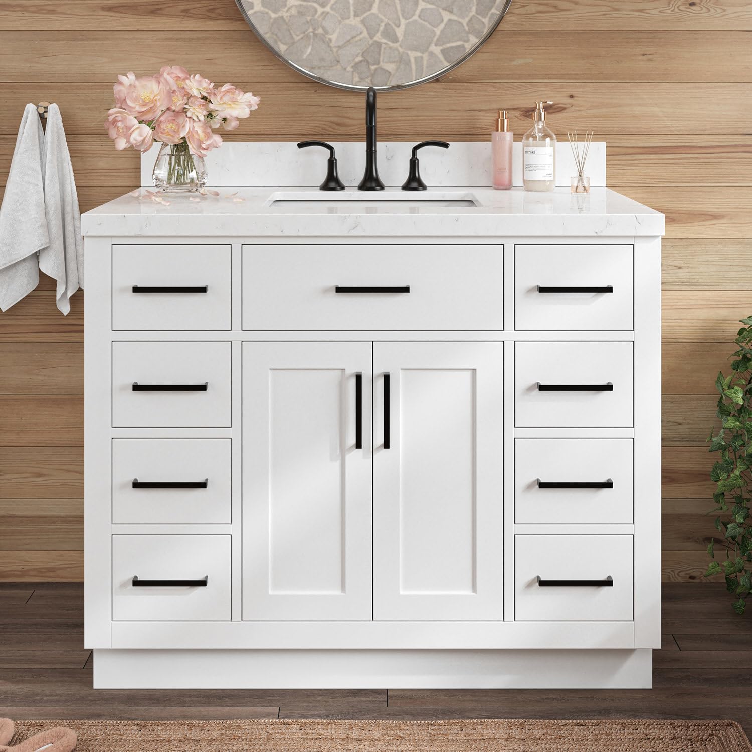 ARIEL Hepburn 42-inch Bathroom Vanity with Sink,Solid Wood, 1.5-inch Carrara White Quartz Countertop & Backsplash, Single Rectangular Porcelain Sink,