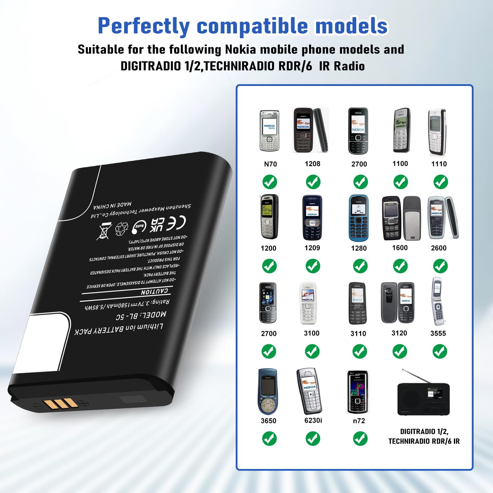 Batería BL-5C, batería de repuesto de iones de litio de alta capacidad de 1580 mAh para Nokia 1100, 1600, 2310, 3100, 3110, 3120, 5030, 6030, 6230, 6270, 6600, N70 y DIGITRADIO 1/2, TECHNIRADIO O RDR