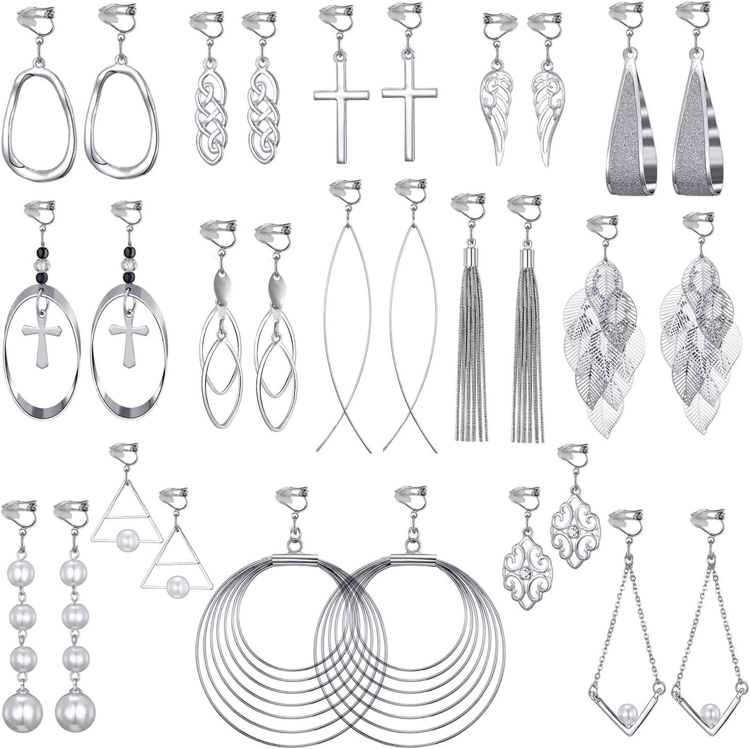 15 Pairs Wholesale Clip on Earrings for Women Trendy,Lightweight Clipon Earrings for Women in Silver Tone
