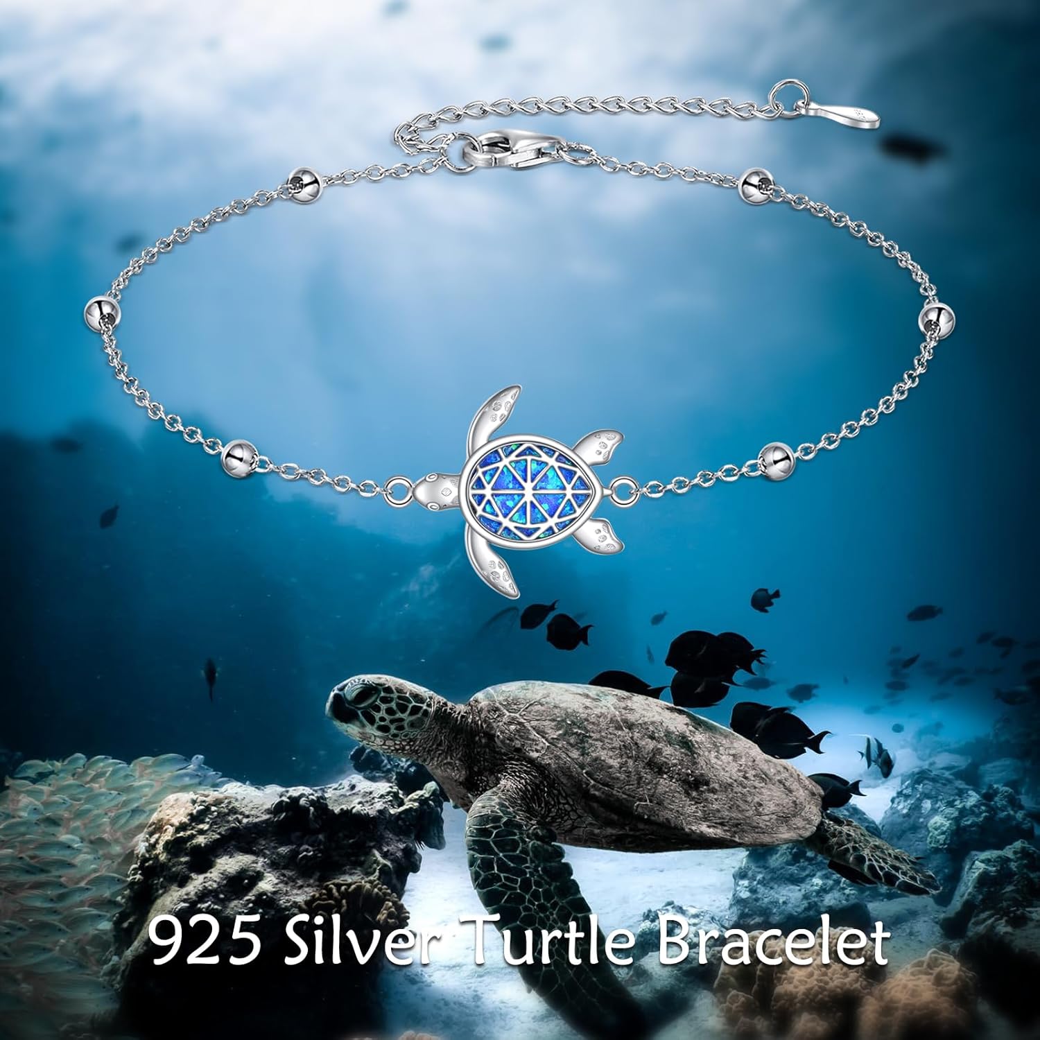 YFN Turtle Bracelet Blue Opal Sea Turtle Bracelet for Women Sterling Silver Adjustable Ocean Beach Hawaiian Turtles Jewelry Christmas Birthday Gifts - Image 3