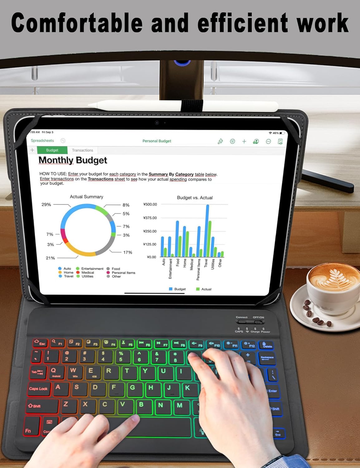 Universal Tablet Keyboard Case for 9.7",10.1",10.2",10.5",10.9",11" iPad Samsung Fire Pixel Android 10.1 inch Tablets, 7 Color Rainbow Backlit Removable Keypad with Pen Holder (Black) - Image 3