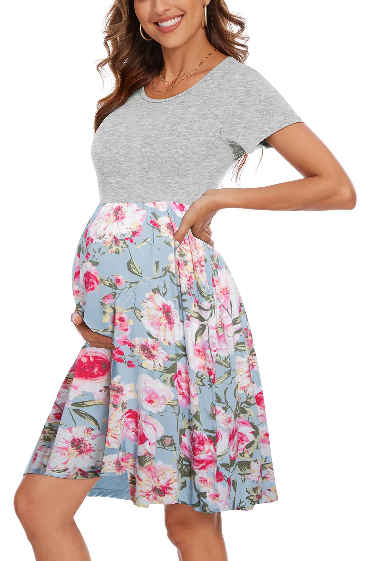 WOOXIO Women's Short Sleeve Maternity Dress Patchwork Pregnancy Clothes with Pockets