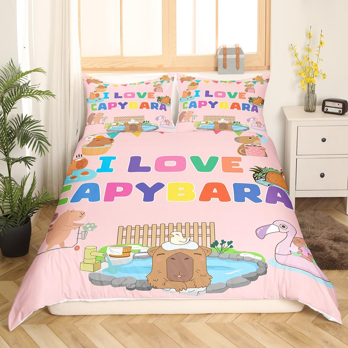 Juego de ropa de cama Capybara para niños y niñas, funda de edredón con diseño de animales de dibujos animados, decoración de habitación rosa, divertida funda de cama de 3 piezas