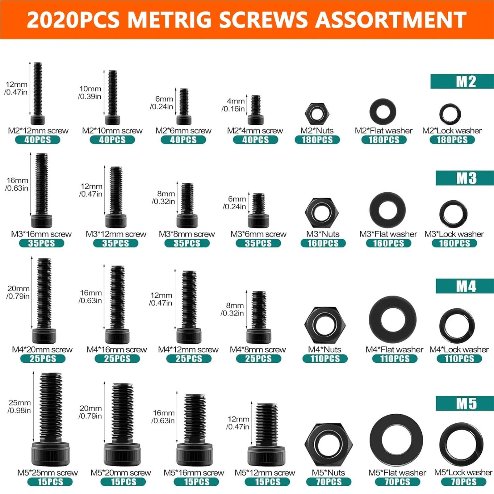 Combinación de tornillos métricos 2020 piezas, combinación pernos y tuercas, mecánicos M2 M3 M4 M5 Juego de Tornillos y Tuercas
