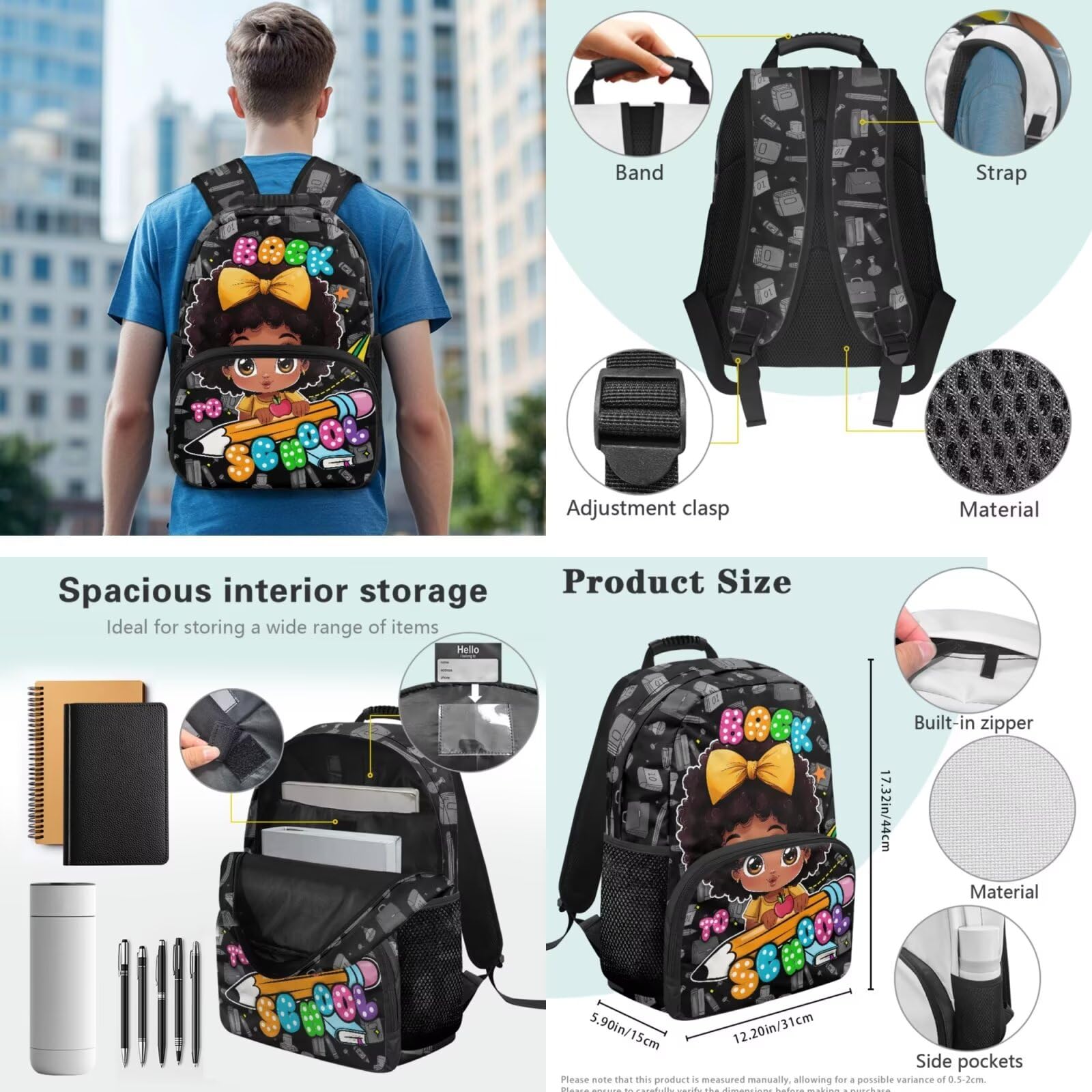 Set 4 in 1 di zaini per la scuola elementare per ragazze, con portapranzo, astuccio e custodia per bottiglia d'acqua