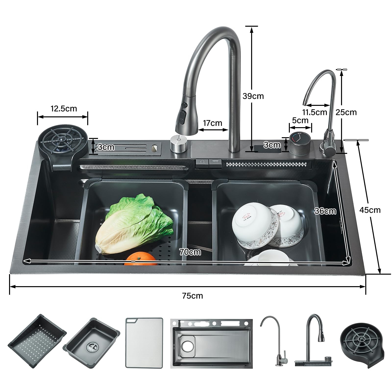 Lavello da cucina a cascata, nero, 75 x 45 cm, 1 vasca, in acciaio inox, rettangolare, troppopieno e scarico, multifunzionale, moderno lavello a cascata con rubinetto per acqua potabile