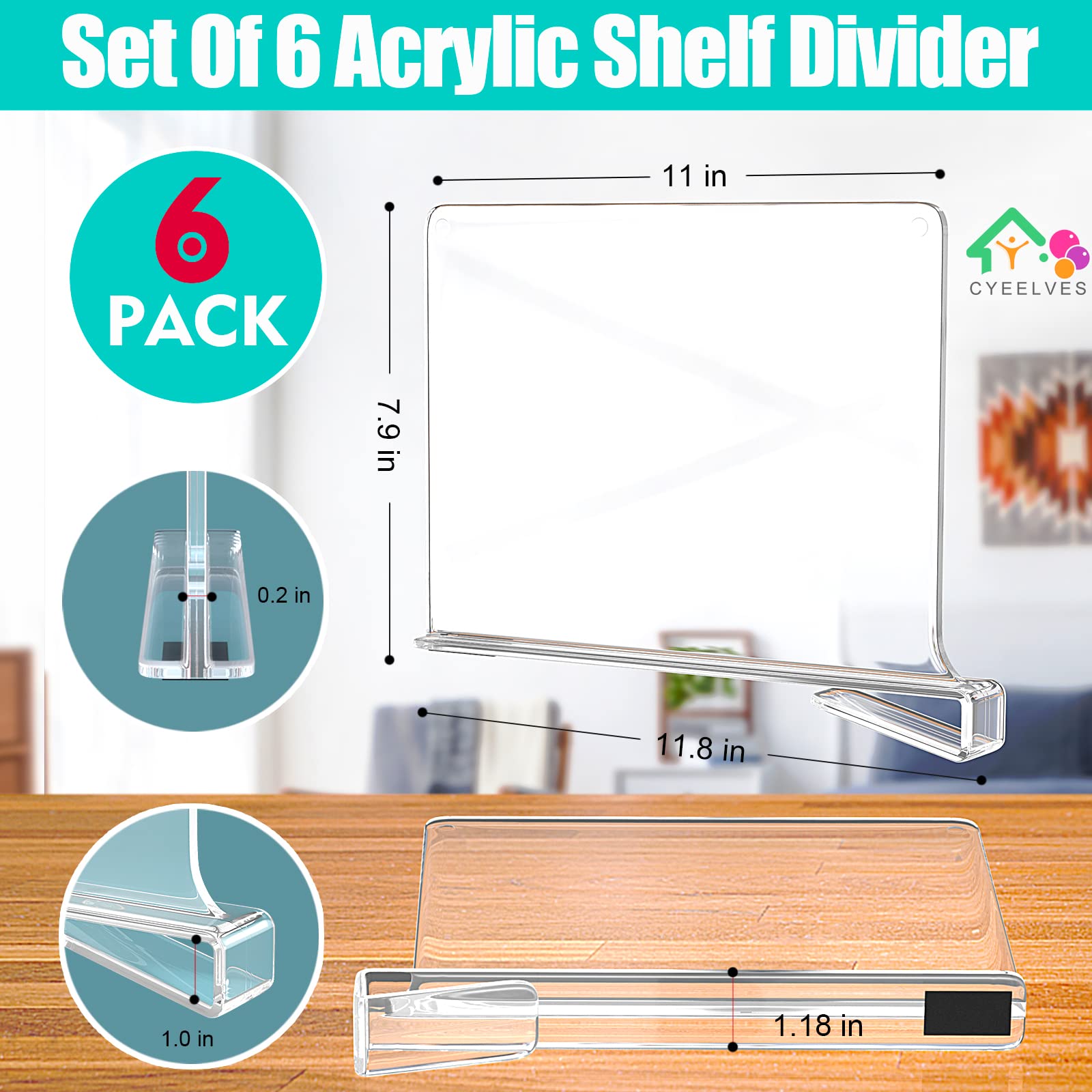 6 Pack Closet Shelves, Shelf Dividers, Clear Acrylic Shelf Divider for Closets, Wood Shelf Dividers Purse Organizer Separators, Closet Shelf Organizer for Kitchen Cabinets Storage Clothes Organization