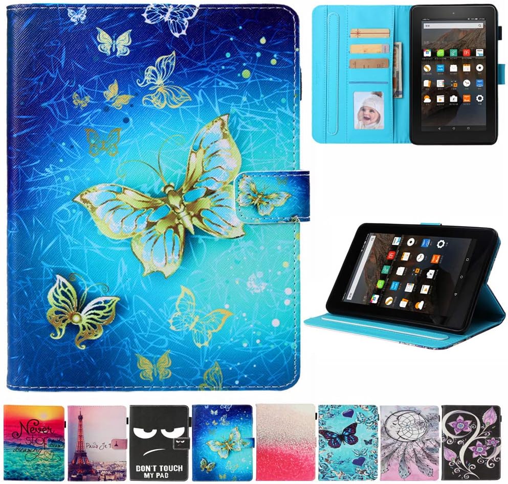 Kindle fire 7 Case - JZCreater Slim Leather Smart Case Cover with Auto Wake/Sleep for Amazon Fire 7 Tablet(7inch Display 5th Generation 2015 & 7th Generation 2017 & 9th Gen 2019), Gold Butterfly