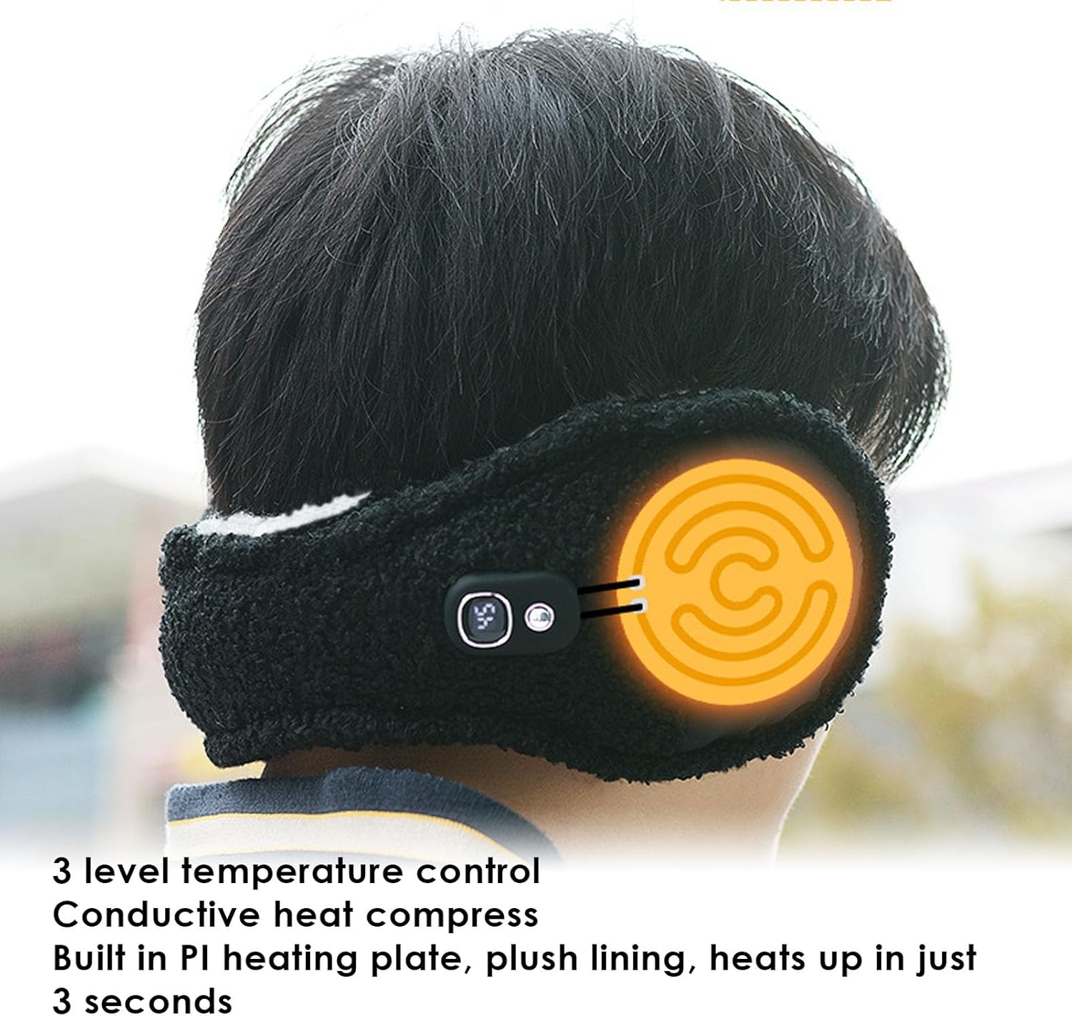 Heated Ear Muff Foldable behind the head design heating pads 3 heat levels elastic memory wire not easily slip off Electric Heating Ear Warmers with Soft Plush for Outdoor