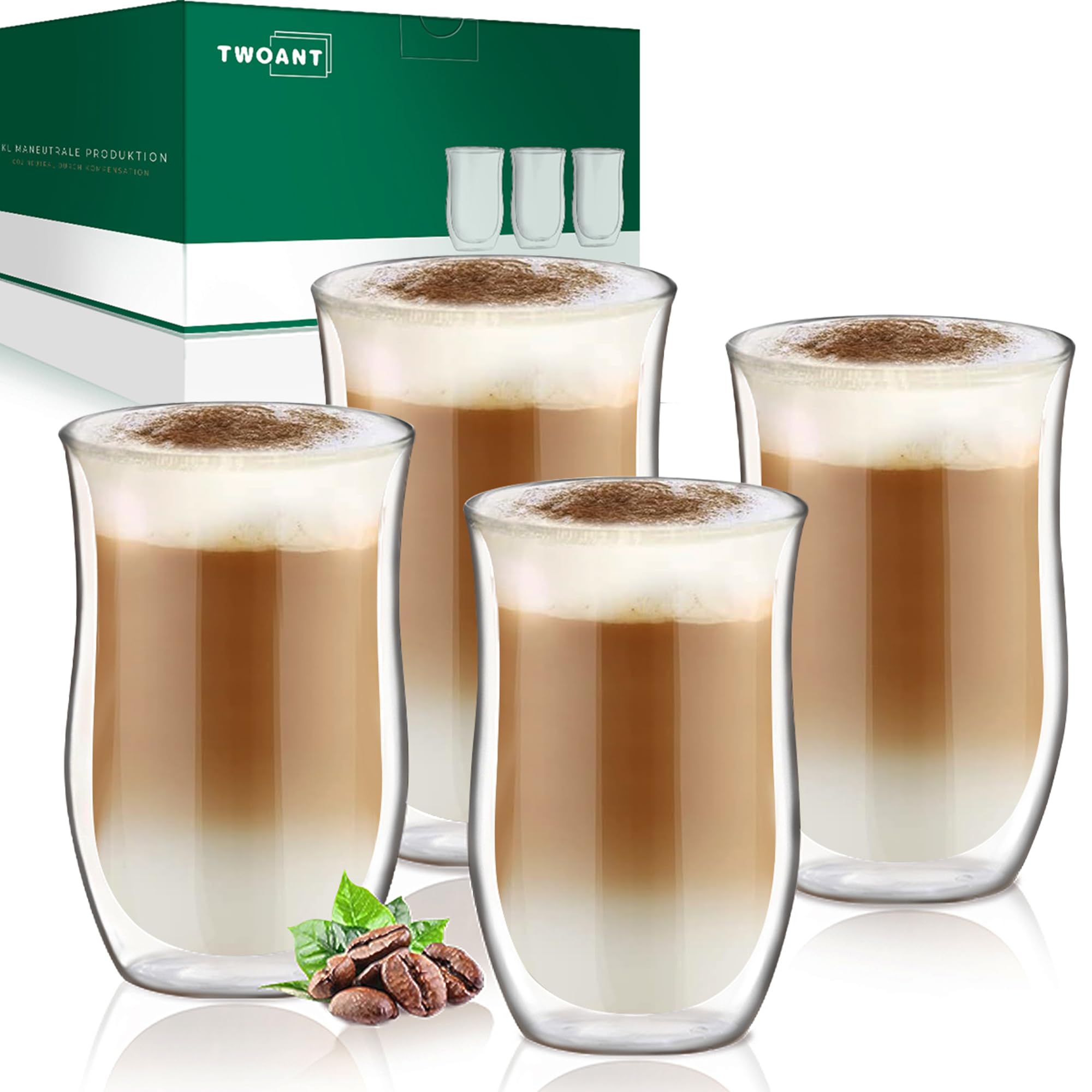 Latte Macchiato Gläser Doppelwandig （4 x 350ml） Kaffeegläser Doppelwandige Thermo Latte Gläser Cappuccino Tassen Glas Handgemachtes Doppelwandiges Glas kaffeeglas Set