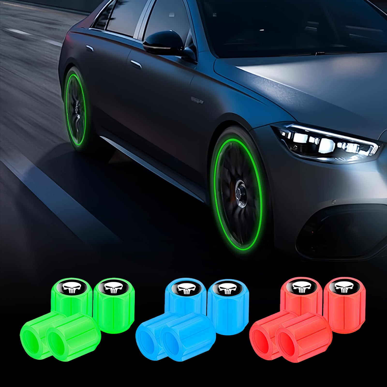 12PCS Fluorescent Tyre Valve Caps (3 Colours), Glow in The Dark Dust Caps for Car Tyres, Universal Tire Valve Cap Set for Car, SUV, Truck, Motorcycle, Tyre Decoration