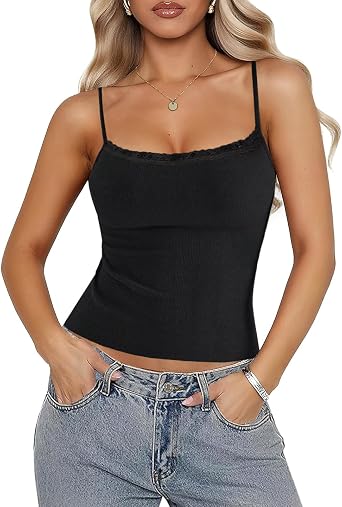 Womens Lace Cami Tops Square Neck Adjustable Spaghetti Straps Cropped Tank Top Ribbed Sleeveless Summer Y2k Camisole