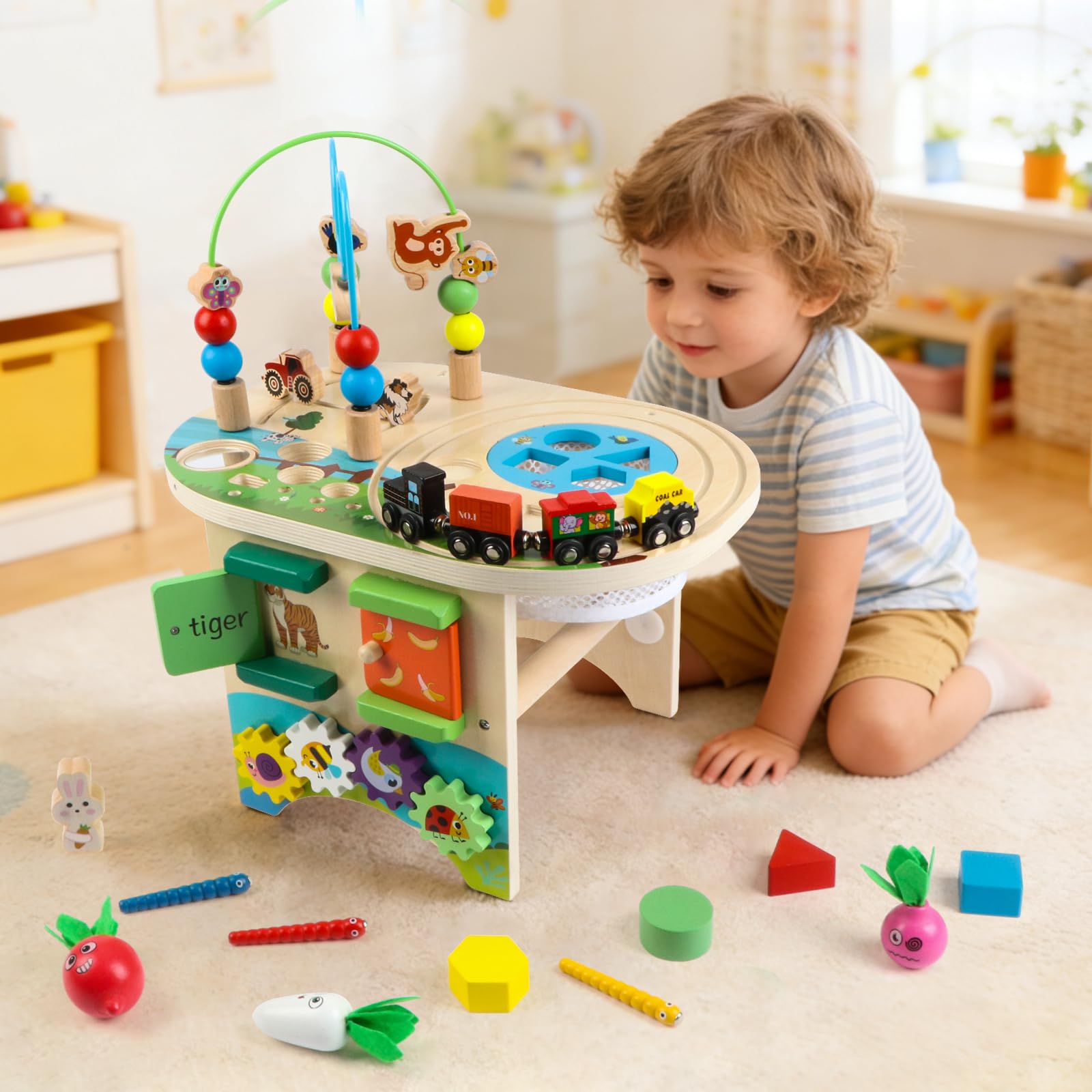 Mesa de Madera con Laberinto de Bolas y Pista de Tren Juguetes Educativos para Niños y Niñas
