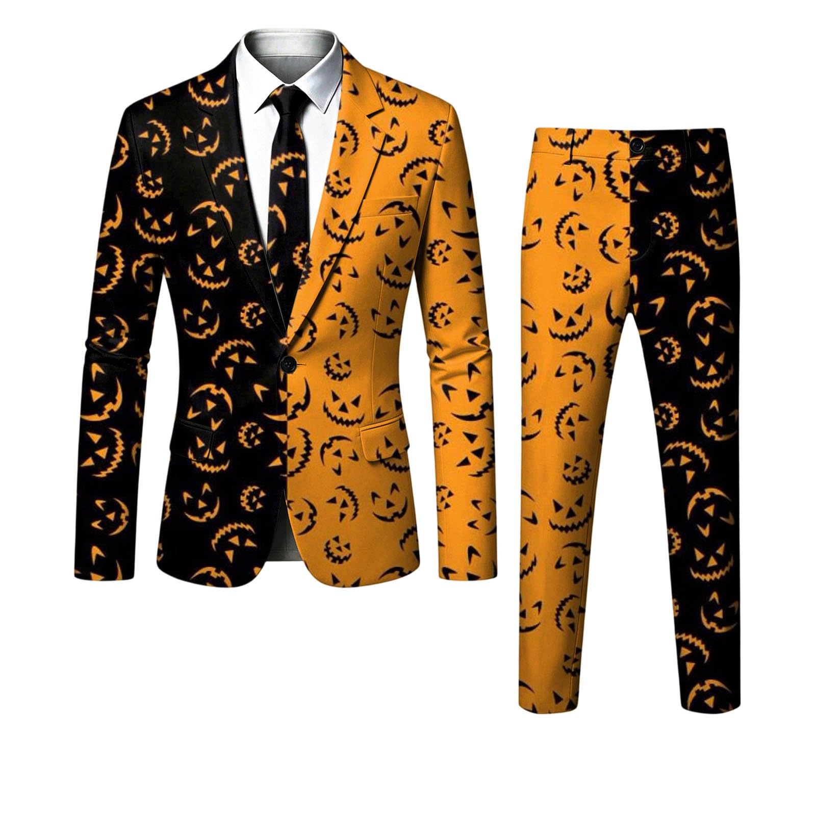 Tuta da uomo in 3 pezzi, motivo gotico con zucca e teschio, per Halloween | Tuta da uomo slim fit, moderna, con 2 bottoni, giacca, pantaloni e cravatte, per lavoro, matrimoni, feste, carnevale