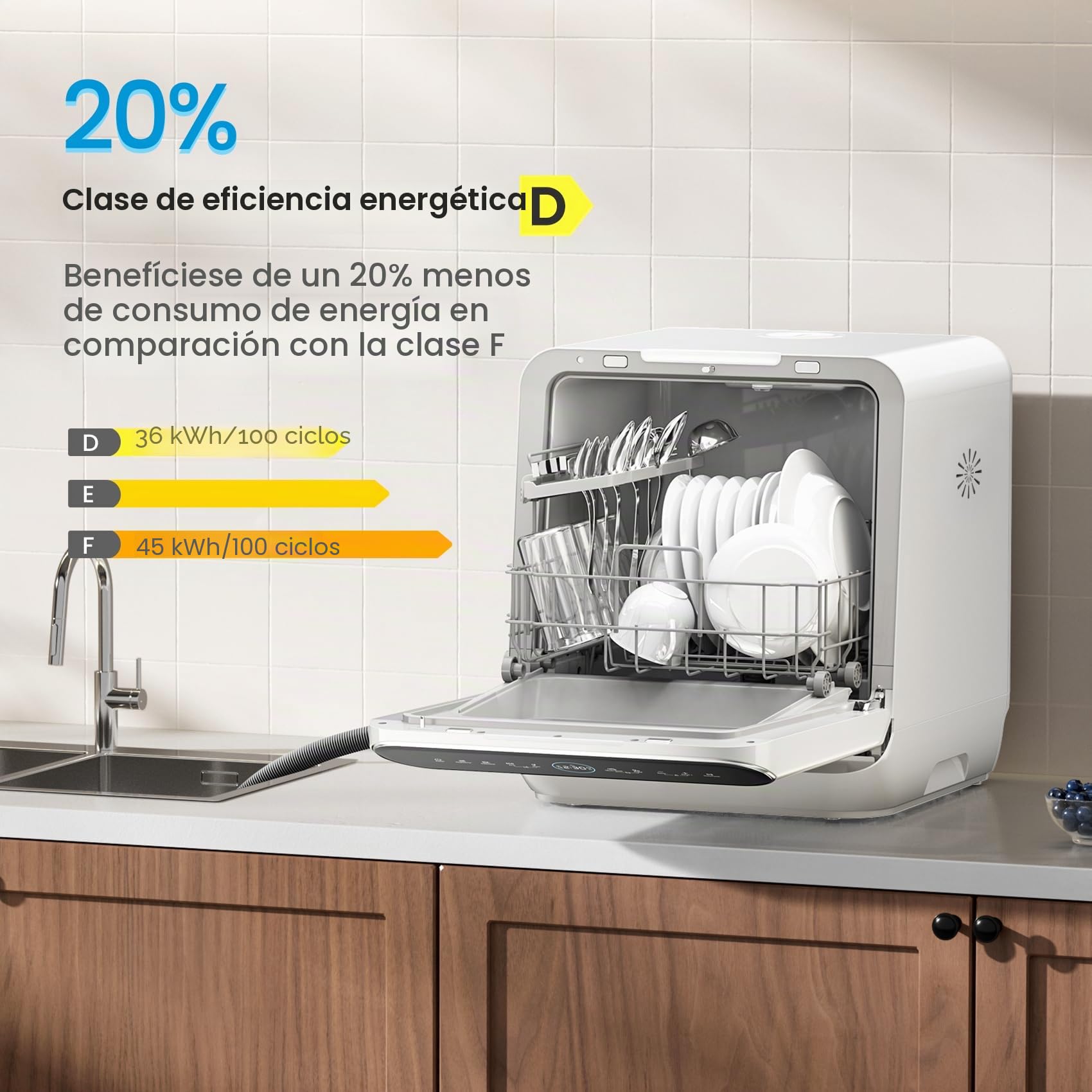 Midea Lavavajillas de mesa para 3 cubiertos, se puede utilizar con y sin conexión de agua, control IOT, 6+1 programas, control táctil, mini lavavajillas para apartamentos, dormitorios y autocaravanas