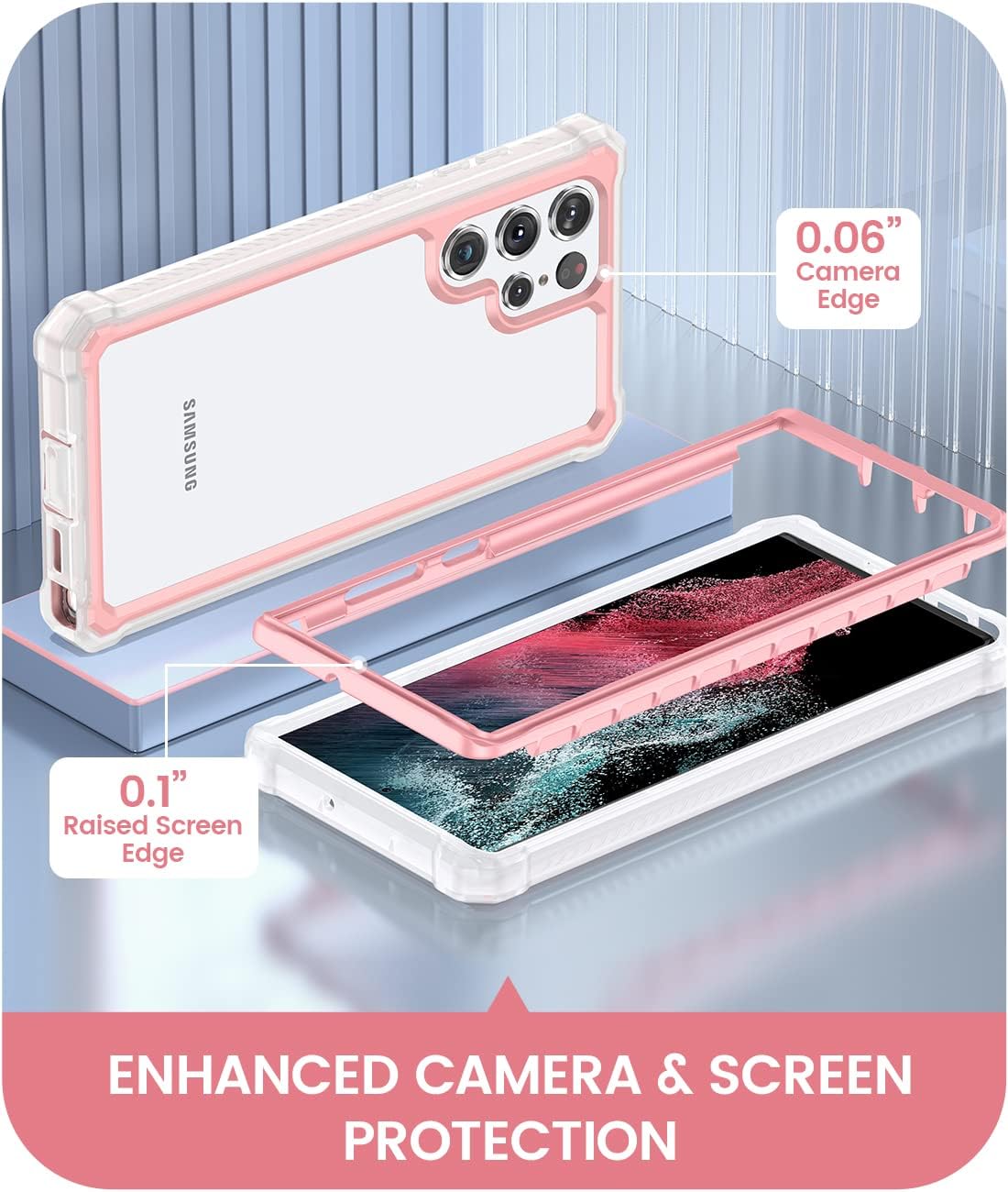 Caka Compatible with Galaxy S22 Ultra Case, Samsung S22 Ultra Case Clear Full Body Heavy Duty Cover Protective for Women Girls Phone Case for Samsung Galaxy S22 Ultra (Pink)