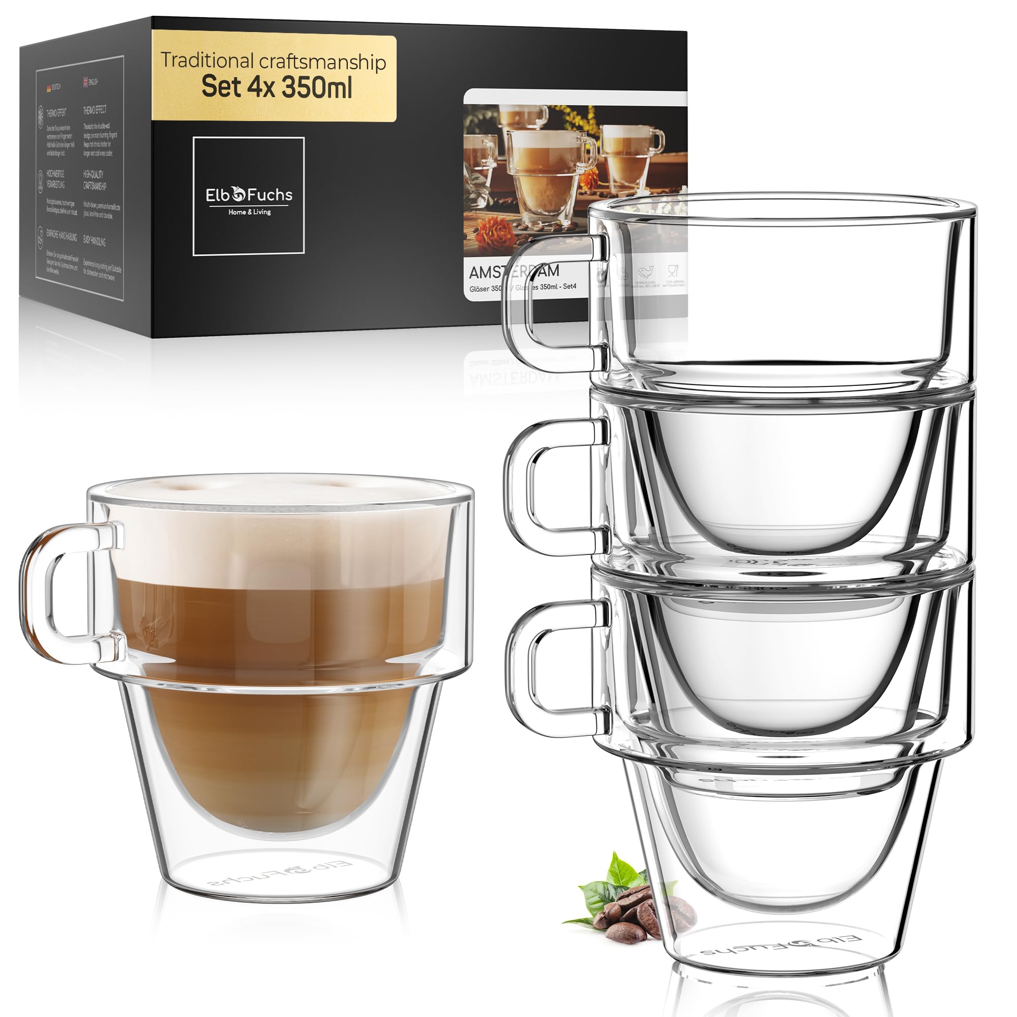 ElbFuchs® Zestaw szklanek do latte macchiato z podwójnymi ściankami [4x 350 ml] MOŻLIWOŚĆ SZTAPLOWANIA | szklanki termiczne | idealne do cappuccino, kawy i herbaty