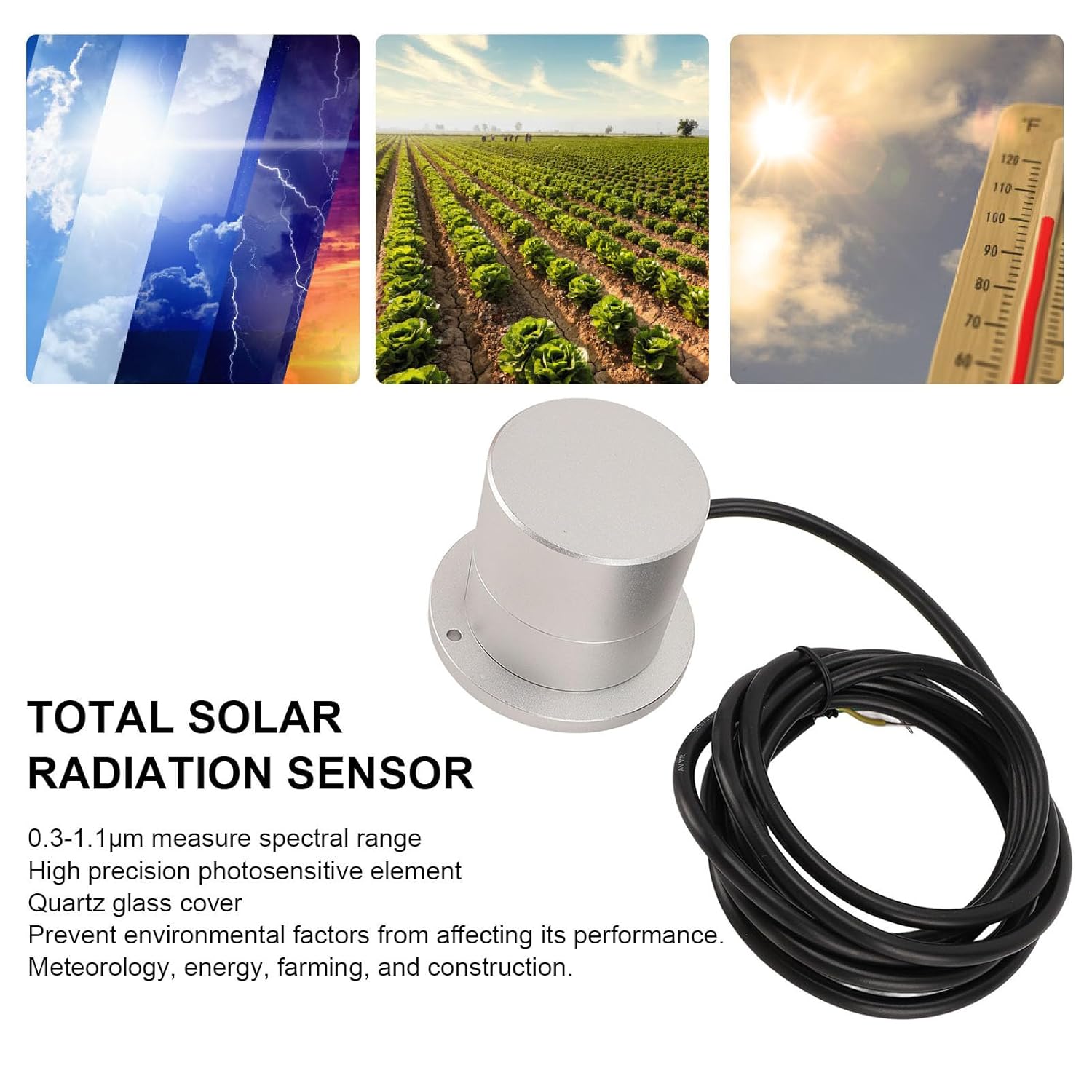 Solar Radiation Sensor for Weather Station, Total Solar Irradiance Sensor 0.3 to 1.1m High Accuracy Compatible with Modbus RS485, for Meteorology Energy (9 to 30V)