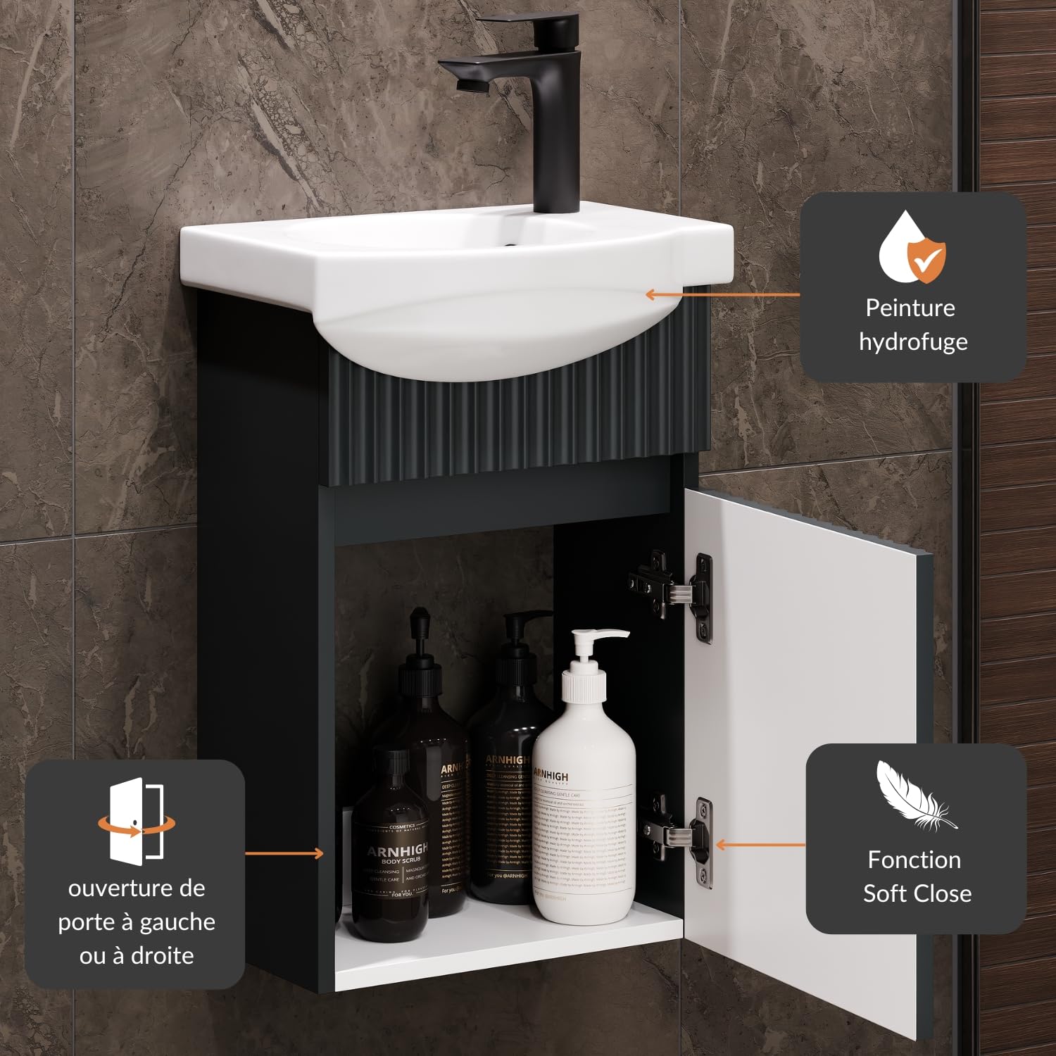 Planetmöbel lavabo avec Meuble Bas 40 cm avec Vasque en céramique, amoire sous-lavabo Suspendu pour Petites salles de Bains et WC invités, Anthracite Mat