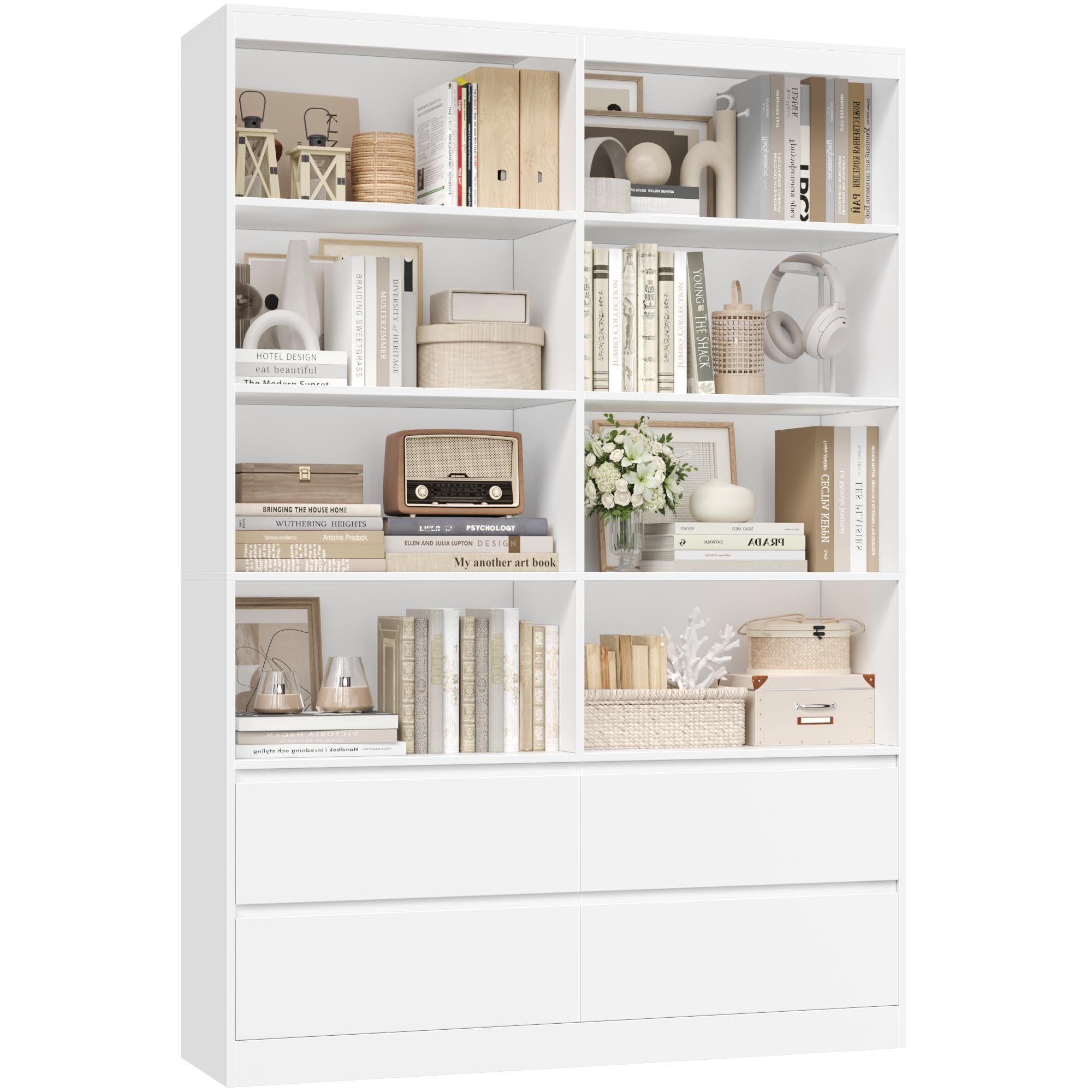 FirFurd 180cm Estantería con 4 Cajones, Estantería Libros, Librería | Estante, Mueble Almacenaje, para Oficina, Salón, Estudio, Comedor, Grande y Alta, 8 Compartimentos, 120x30x180cm