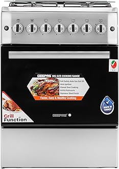 60*60 Cm Cooking Range, 4 Gas Euro Pool Type Burners & 3mm Flat Burner Caps, Double Knobs Convection Single Oven, /Grill & Rotisserie Function,Glass Top Lid,1 Year Warranty GCR6057 Silver/black