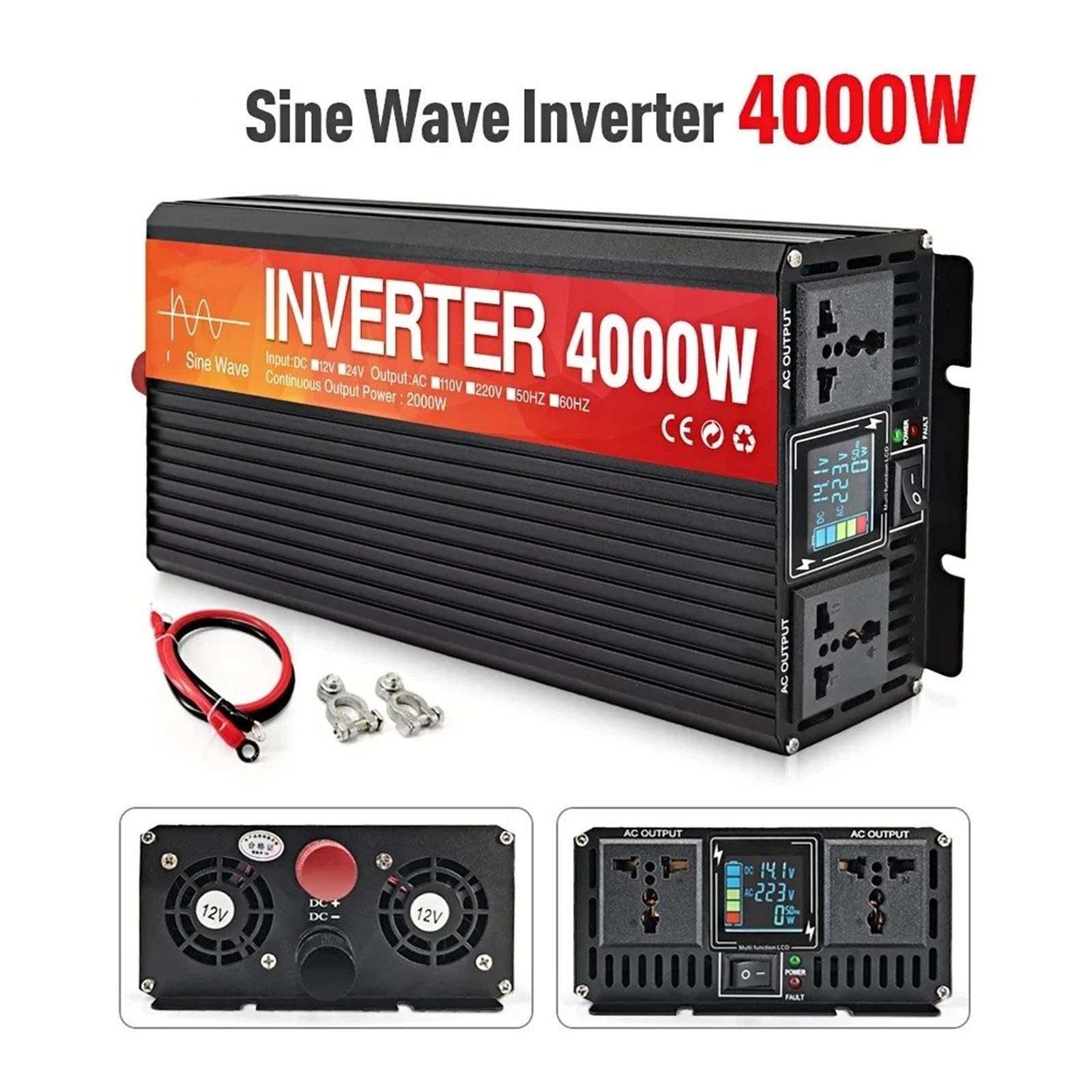 Inversor Corriente Coche 4000W 5000W 6000W Inversor Onda Sinusoidal Pantalla LCD Doble Enchufe DC 12V 60V AC 220V Convertidor Voltaje Fuente(4000W(Rated 2000W),72V(60V to 82V),220V50H)