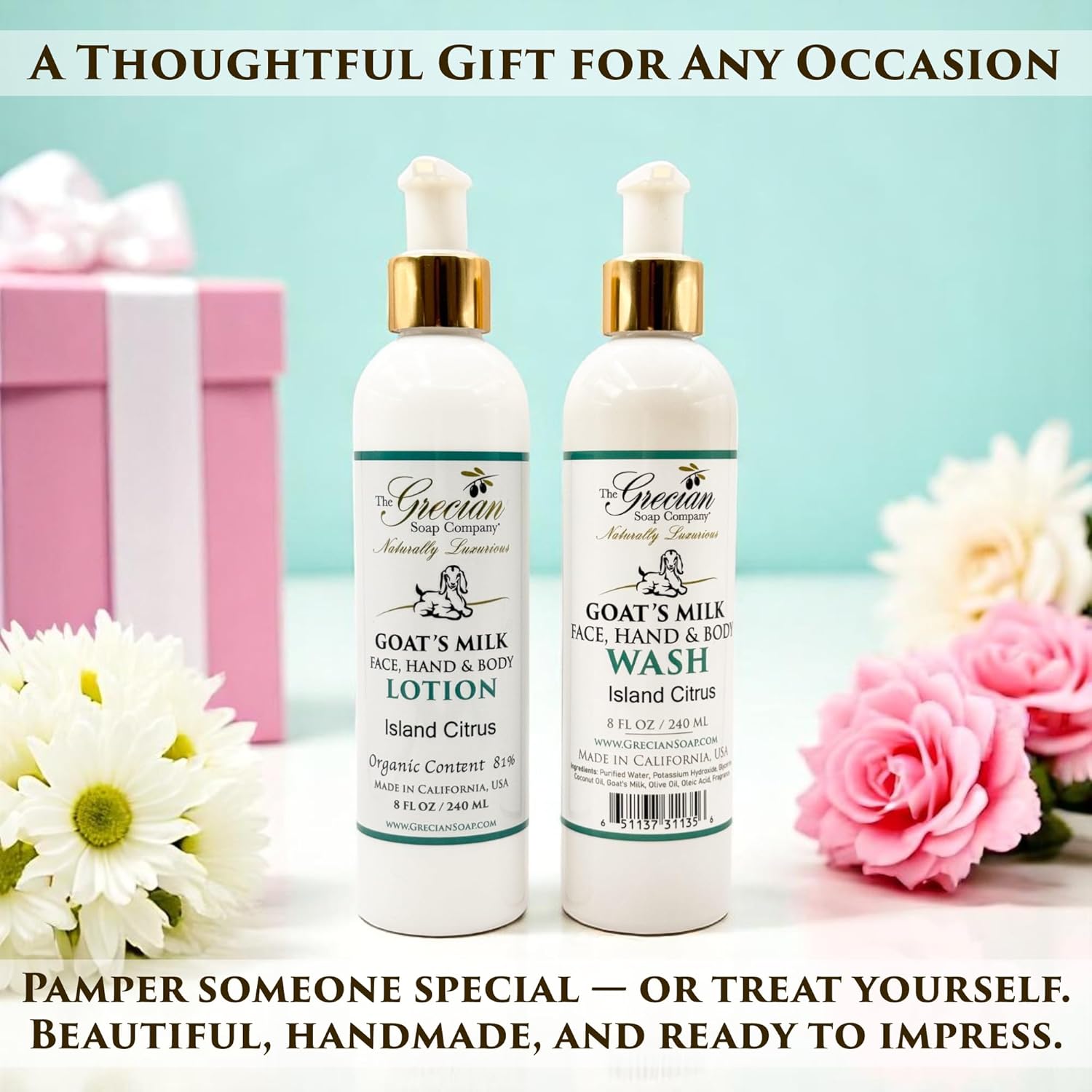 The Grecian Soap Company Goat Milk Lotion & Body Wash Set – Island Citrus Scent, 8oz Each – Body Lotion & Face Wash, Moisturizing Skin Care Set for All Skin Types, Hydrating Skincare