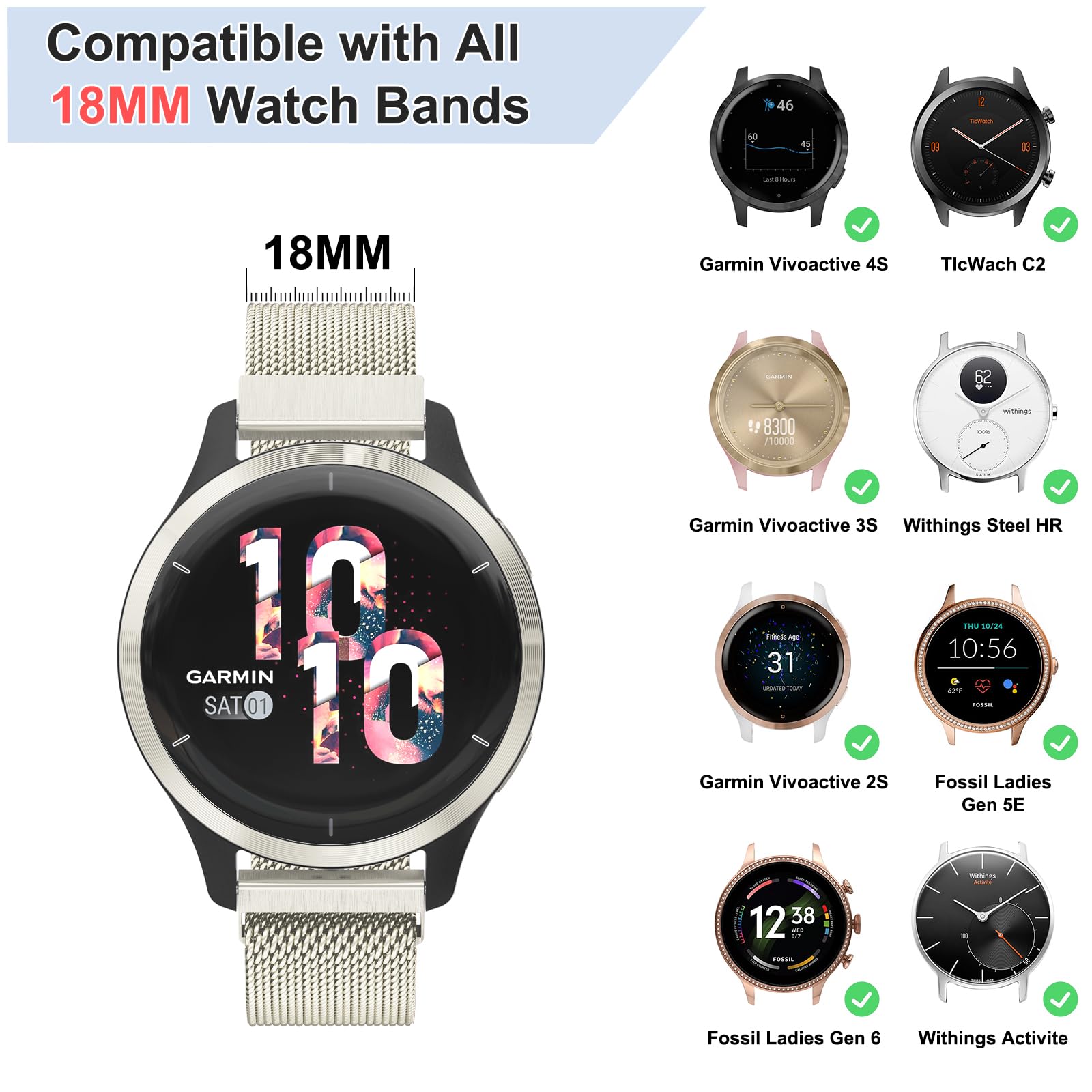 Amzpas Bransoletka do zegarka Garmin Vivoactive 4S/Venu 3S/Venu 2S / Vivomove 3S, dla kobiet i mężczyzn, 18 mm, stal nierdzewna, metalowa bransoletka zamienna do Garmin Forerunner 255S/265S