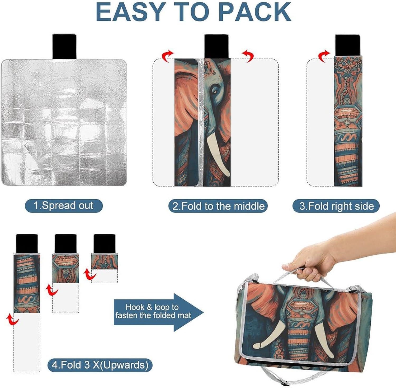 Abstract Elephant Waterproof Picnic Blanket 58.3''x58.3'',Portable and Foldable Picnic Mat with Handle,Outdoor Blankets for Lawn Park Beach Travel