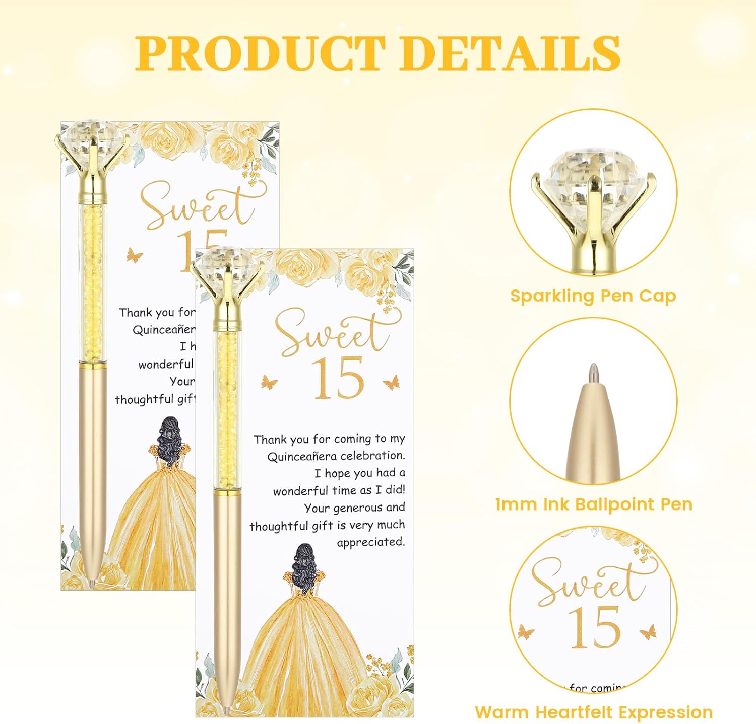 50 Sets Quinceanera Gifts Quinceanera Party Favors for Guests Sweet 15th Birthday Diamond Pens Thank You Cards Sparkling Ballpoint Pens Quinceañera 15 Birthday Quince Gifts Party Favors (Yellow)