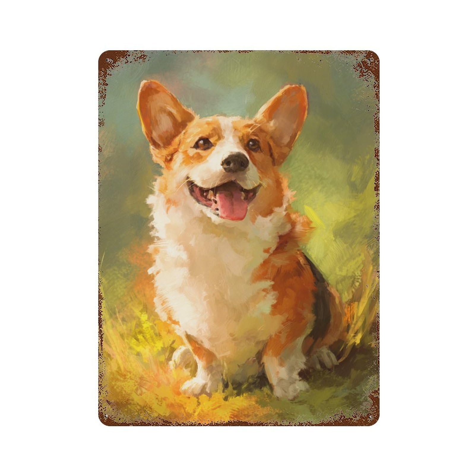 Happy Corgi Painting Vintage Rust Metal Sign 15.7"x11.8", Classic Wall Plaque for Basement, Hobby Room And Garage Decor
