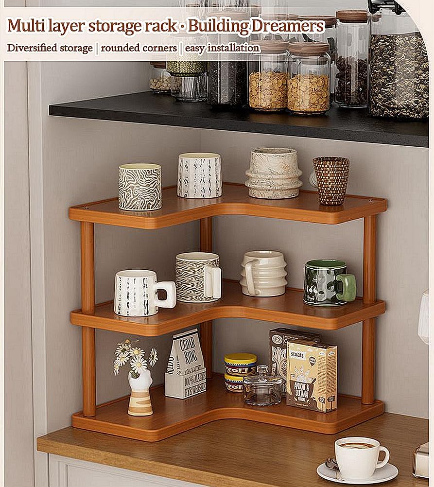 3-tier Kitchen countertop corner spice rack, household Cupboard Cabinet coffee mug Cup storage shelf condiment seasoning organizer, desktop wood bookshelf bookcase (3-tier)