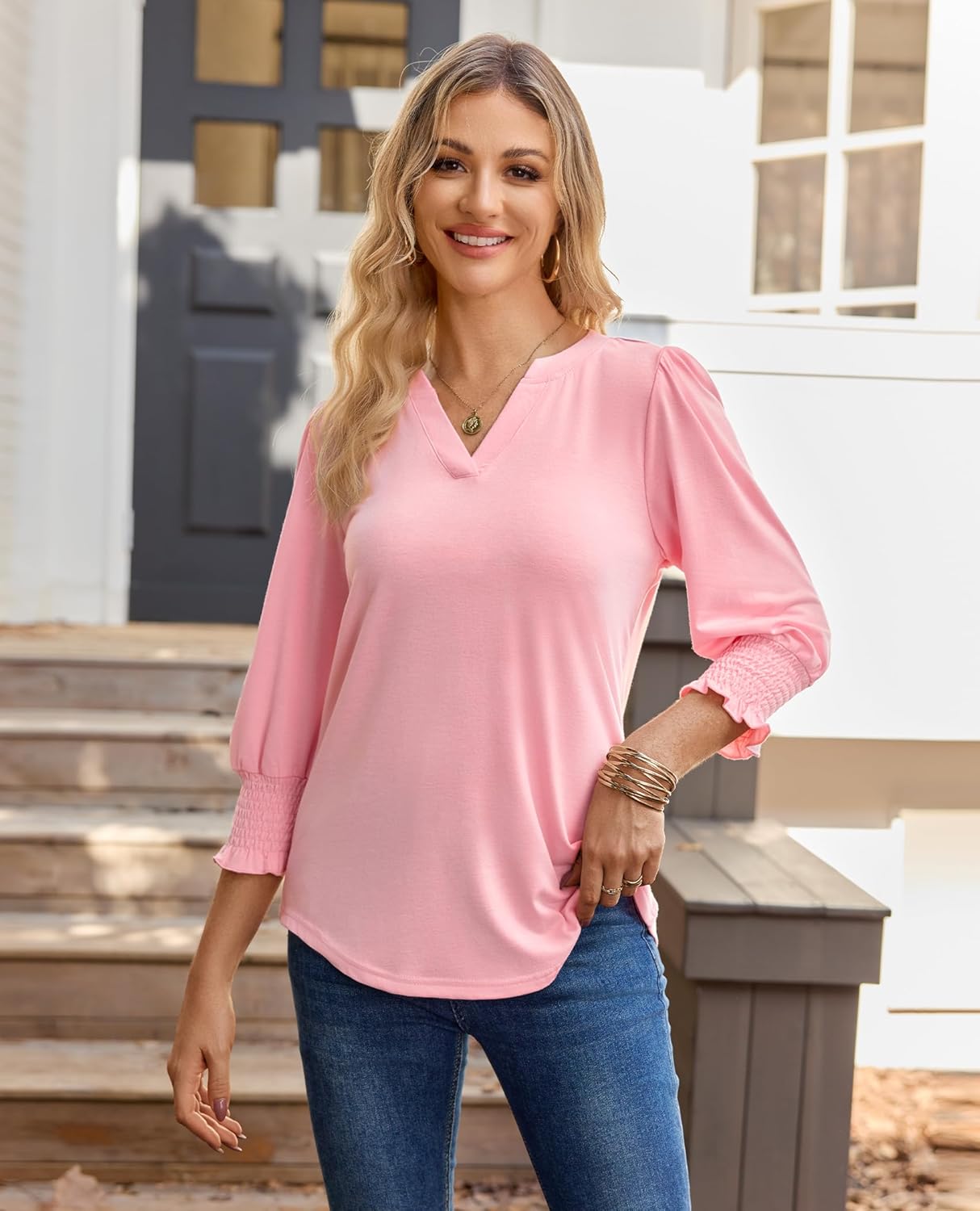 Tunic Tops for Women 3/4 Length Sleeve Womens Tops V Neck Blouses Shirts Dressy Casual with Smocked Cuffs - Image 4