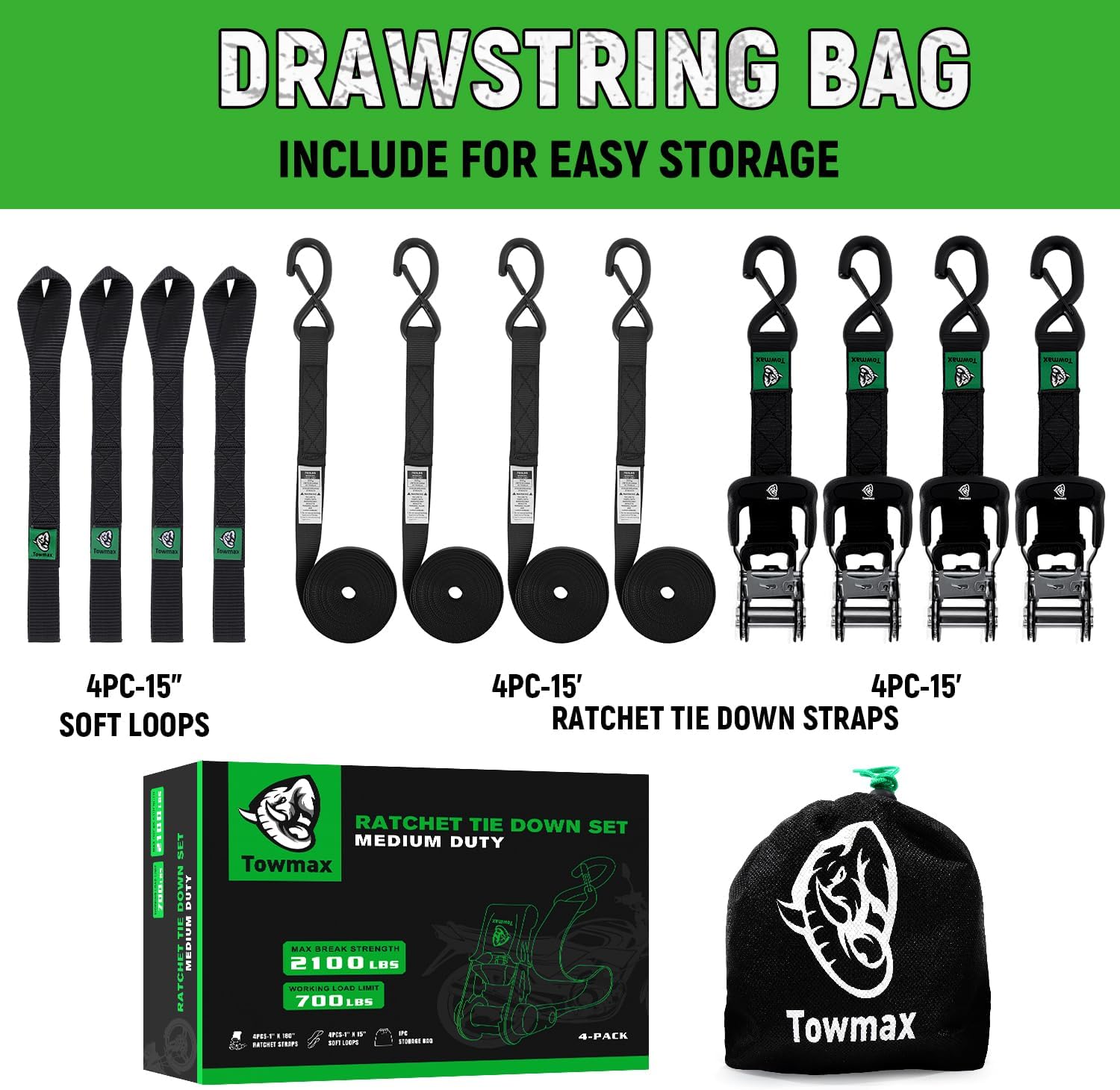 Heavy Duty Ratchet Straps (4 Pack) - Motorcycle Straps Tie Downs 5,208lb Break Strength - 1.5 in x 15ft Ratchet Tie Down Straps,15" Soft Loop Tie Down Straps for Truck, Cargos - Image 5