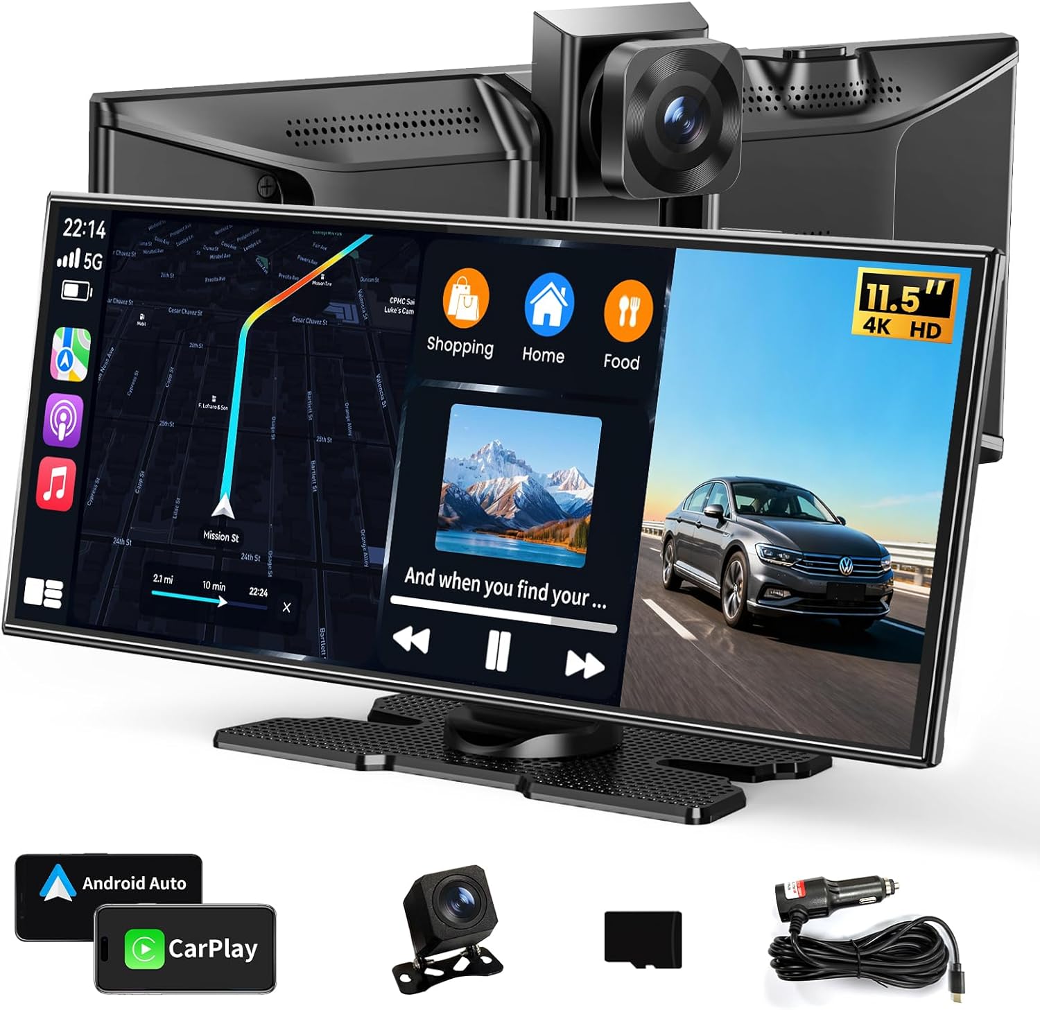Largest 11.5"Wireless Apple CarPlay Screen for Car–Portable Carplay & Android Auto Touchscreen Car Stereo with App Control, 4K Dash Cam, Backup Camera, GPS, Mirror Link, Voice Control,for All Vehicles